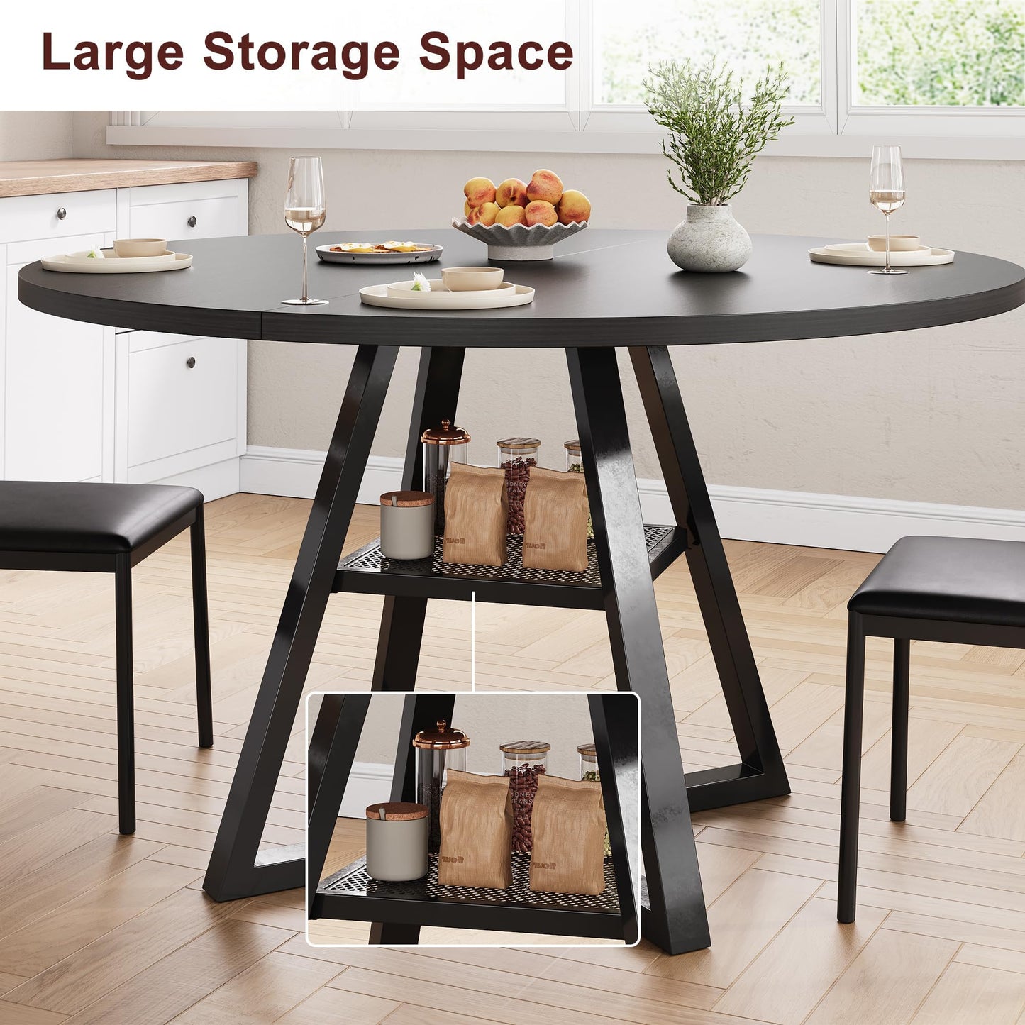 Jocoevol Round Dining Table for 2 People, Circle Dinner Table with Shelves, Space Saving Wood Kitchen & Dining Room Furniture (Black, 31 inch