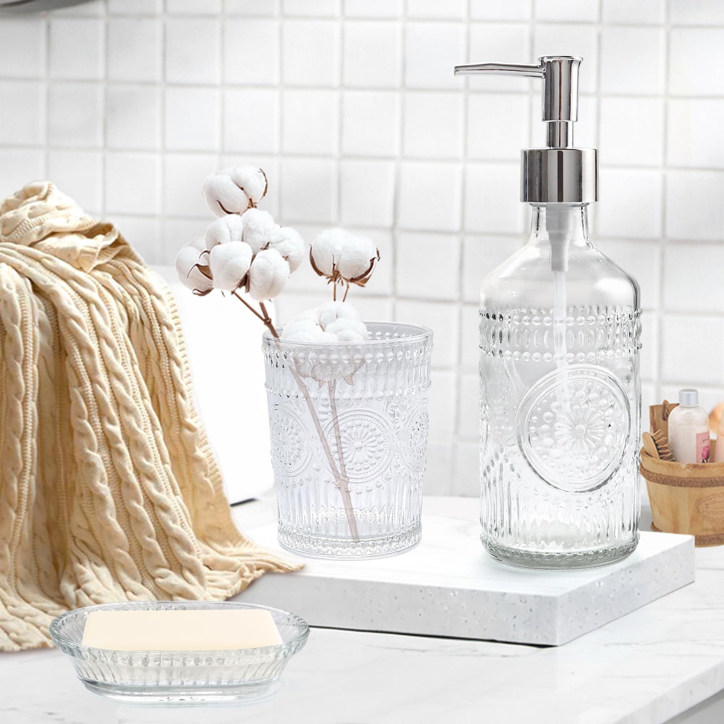 FEILANDUO 3Pcs Glass Bathroom Accessories Set, Lotion & Soap Dispenser, Toothbrush Holder, Soap Dish, Modern Bathroom Countertop Decor for Home