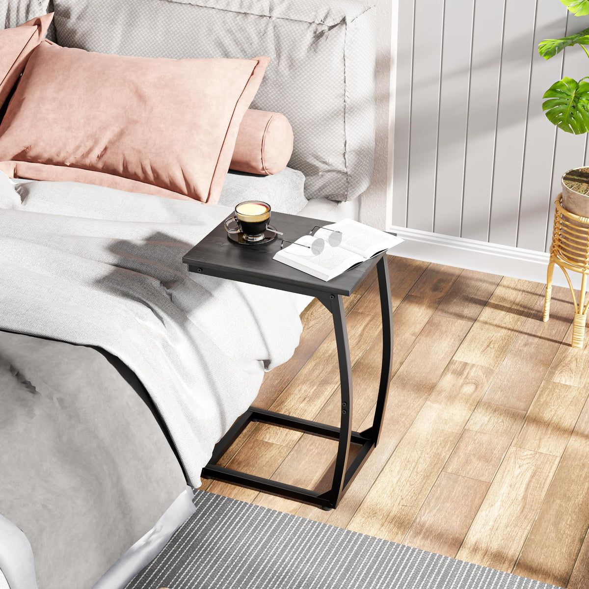 LAKEMID C Shaped End Table,Under Sofa Side Table,Couch Table for Small Spaces,TV Tray Table for Living Room Black