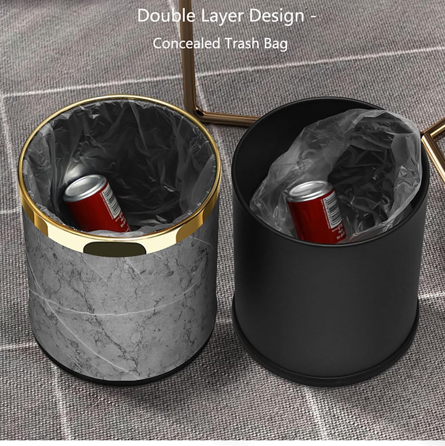 SXYLOB Luxury Metal Waste Bin 10L, Double Layer Trash Can PU Leather Covered Round Wastebasket Dust Bins for Kitchen Bathroom Hotel Office (Grey Hui)