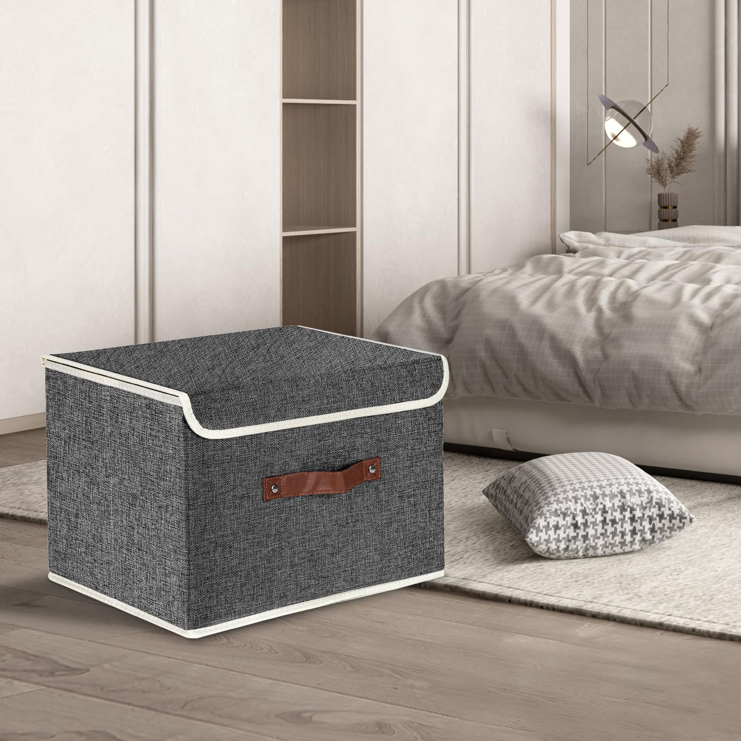 TYEERS Collapsible Storage Box with Lid, Fabric Storage Box for Clothes, Wardrobe Storage, 38x25x25 cm, Set of 5, Black