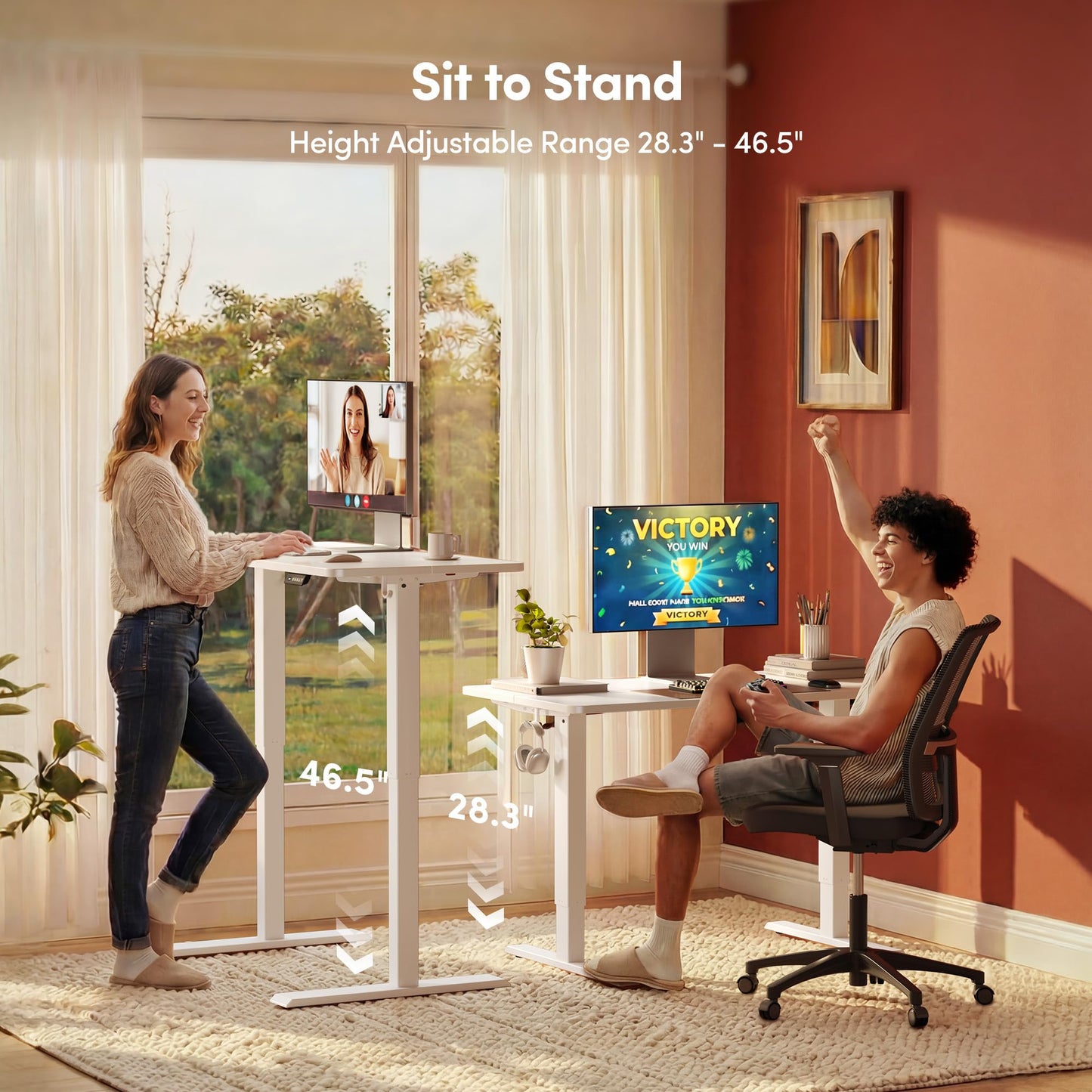 FEZIBO Electric Standing Desk 80 x 48 cm, Height Adjustable Computer Desk with Memory Presets, Sit Stand Home Office Desk, White Frame with White Top