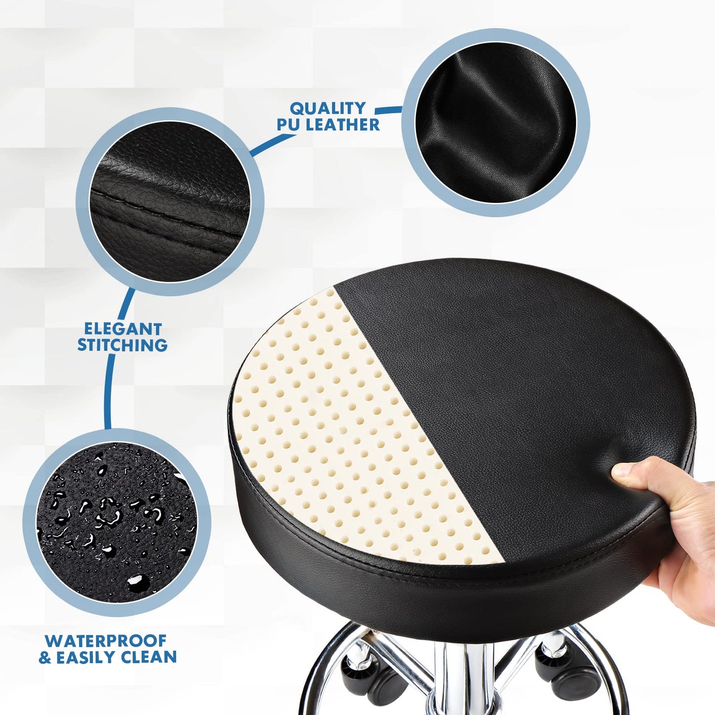 FNZIR Adjustable Stool with Wheels Round Rolling Stool for Spa Salon Massage Office Stool Chair (Black)