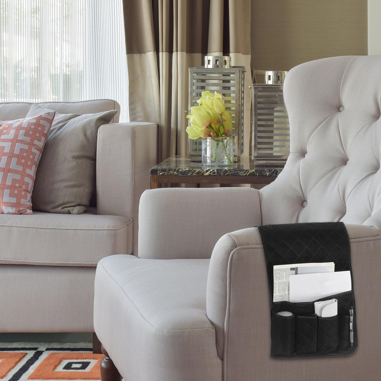 sourcing map 1 Pcs Recliner Armchair Caddy, Couch Armrest Organizer with 5 Pockets for Bedside Sofa Remote Control Holder Magazine Phone Book Glasses