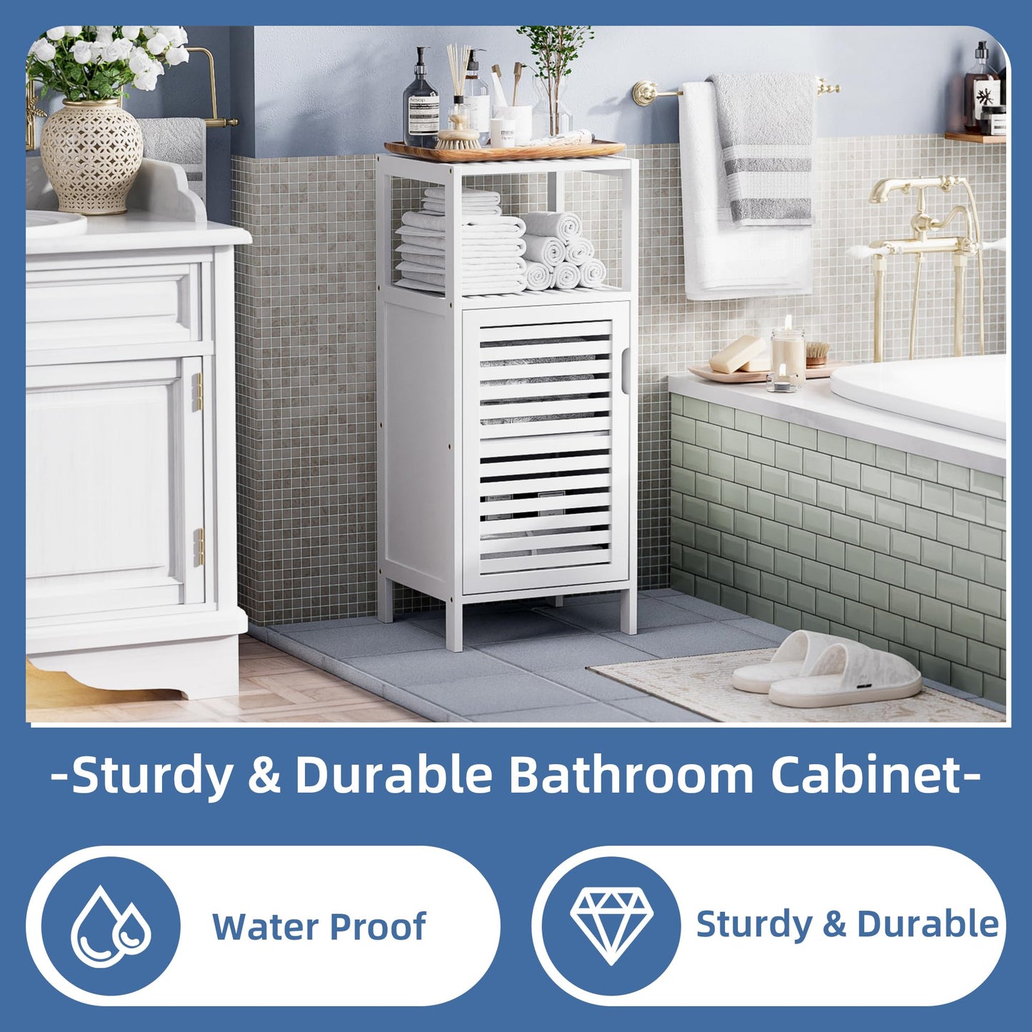 HITNET Bamboo Bathroom Storage Cabinet, 4 Tier Small White Floor Cabinet, Freestanding Narrow Slim Storage Organizer with Single Door