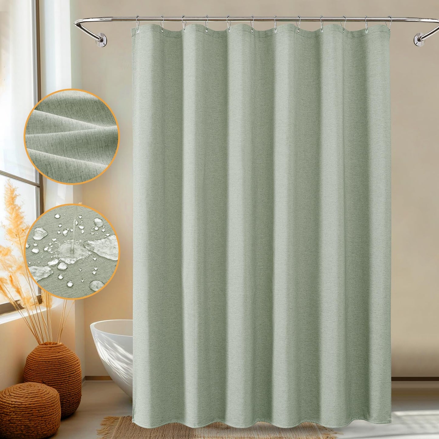 FY&XZH Shower Curtain, Heavy-Duty Linen-Texture Fabric Shower Curtain,Soft Double-layer waterproof Shower Curtains With Smart Function Stainless Steel