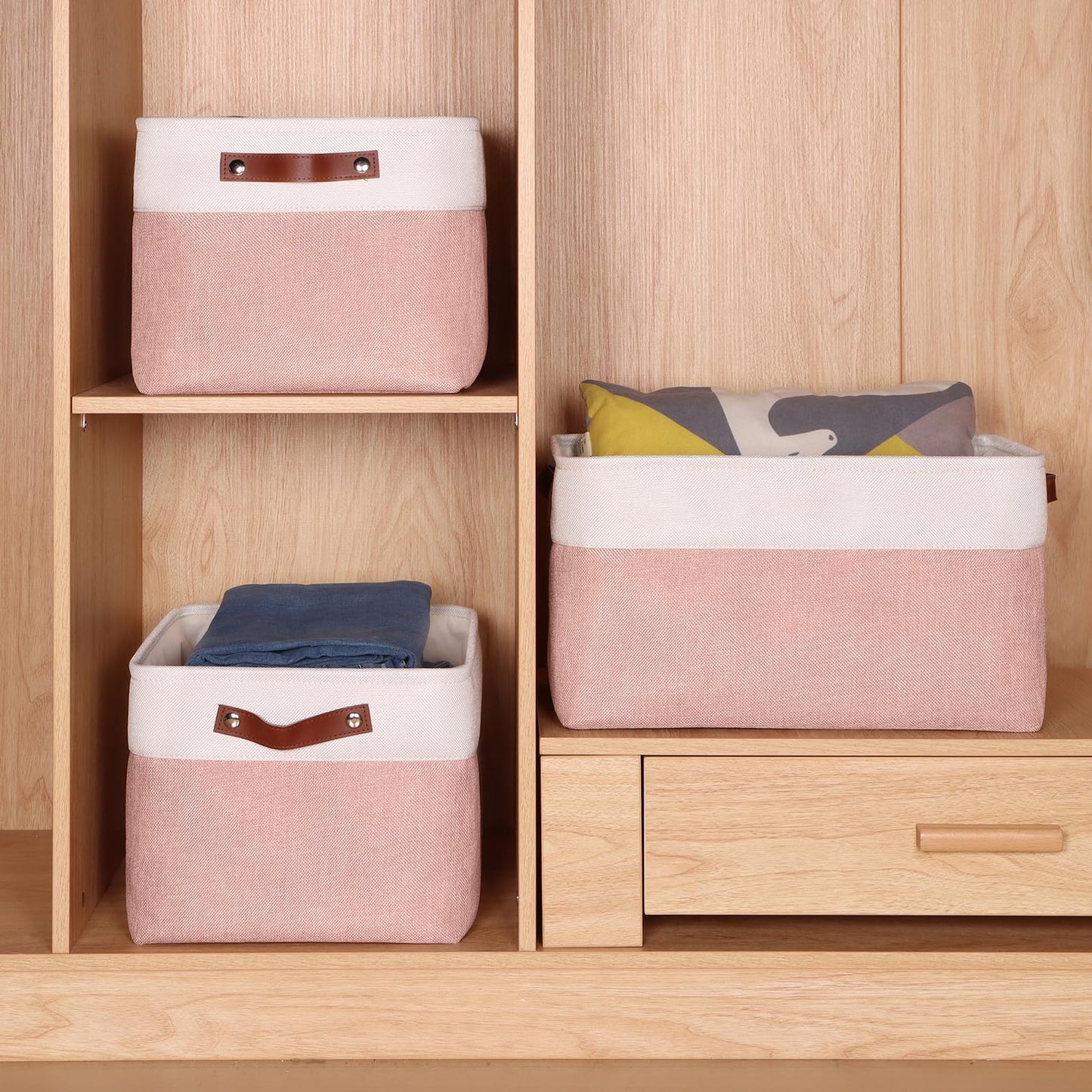 Syeeiex Large Storage Baskets for Shelves with Leather Handle, 3 Pack