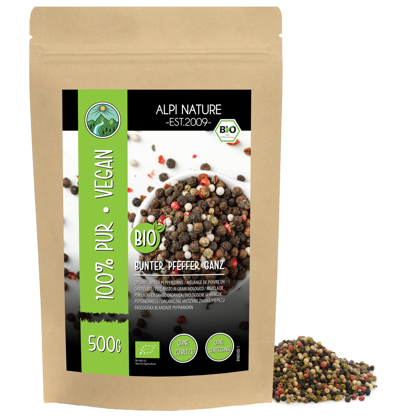 Alpi Nature Organic Mixed Peppercorns 500g 1.1 lb, Black, White, Pink and Green Whole Peppercorns