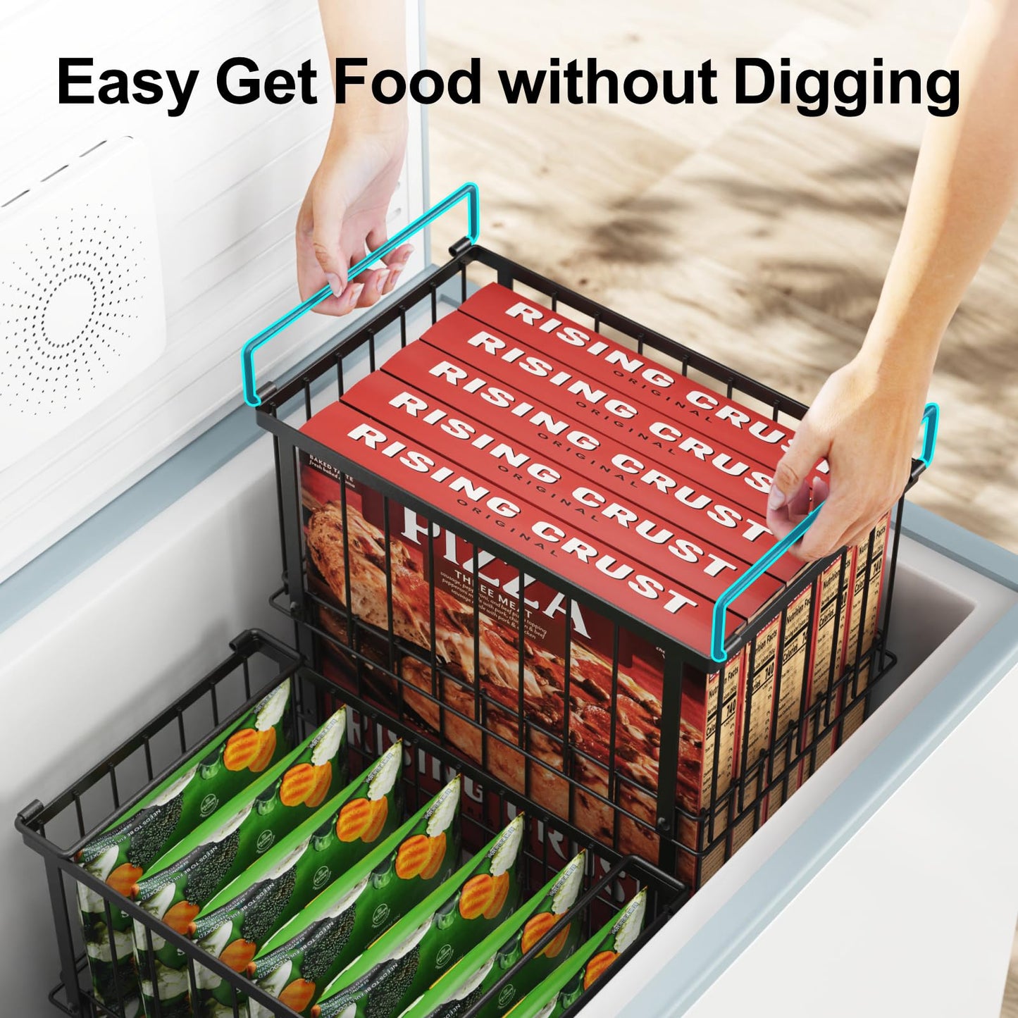 iSPECLE Freezer Baskets for Chest Freezers, 2 Pack Fits 12" Pizza Adjustable for 5 to 7 Cu.Ft Chest Freezer, Stackable Wire Baskets with Handles