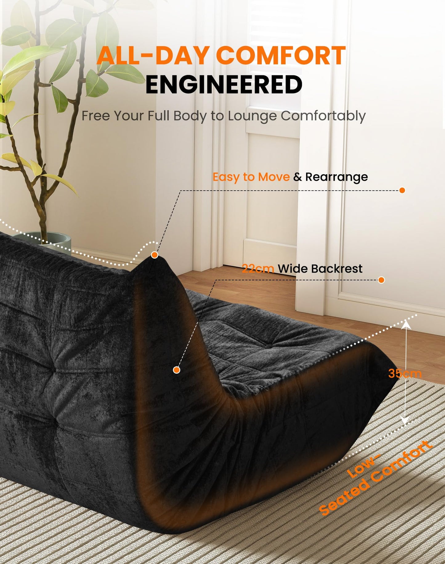 Boneless Floor Sofa - No Assembly Required Couch in a Box, Armless Small Accent Chair in Soft Shiny Fleece,Bean Bag Chair for Living Room, Bedroom