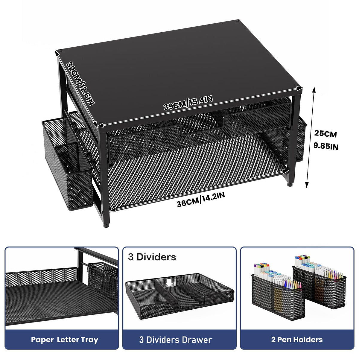 BOKIOVIN Metal Desk Printer Stand with Storage Drawer and 2 Pen Holders, 2 Tier Desktop Printer Riser Shelf with Paper Holder Storage,Multi-Purpose
