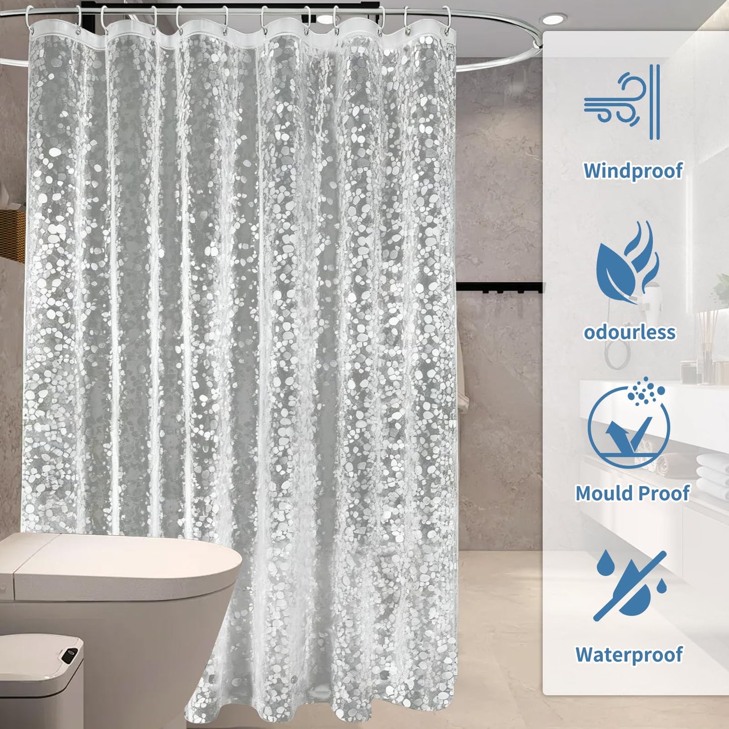 MADGININE Clear Shower Curtain, 180 x 200 cm Waterproof Shower Curtains for Bathroom, 3D Effect Pebble Waterproof Bathroom Curtain with 12 Hooks