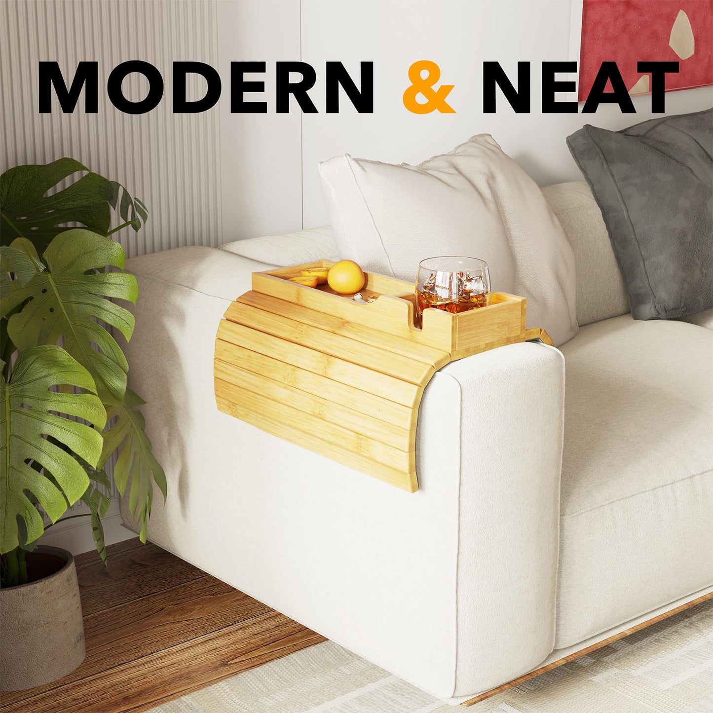 SpaceAid Bamboo Couch Cup Holder, Anti Falling Foldable Sofa Armrest Tray with Cup Holder, Couch Arm Side Table Organizer for Drink Cup Remote Snacks