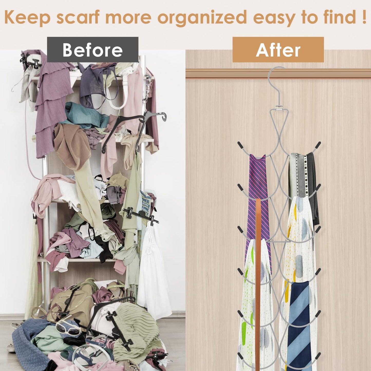 2Pcs Scarf Hanger with 12 Hooks, Metal Scarf Storage Organizer, 360° Rotating Scarves Rack Space Savers
