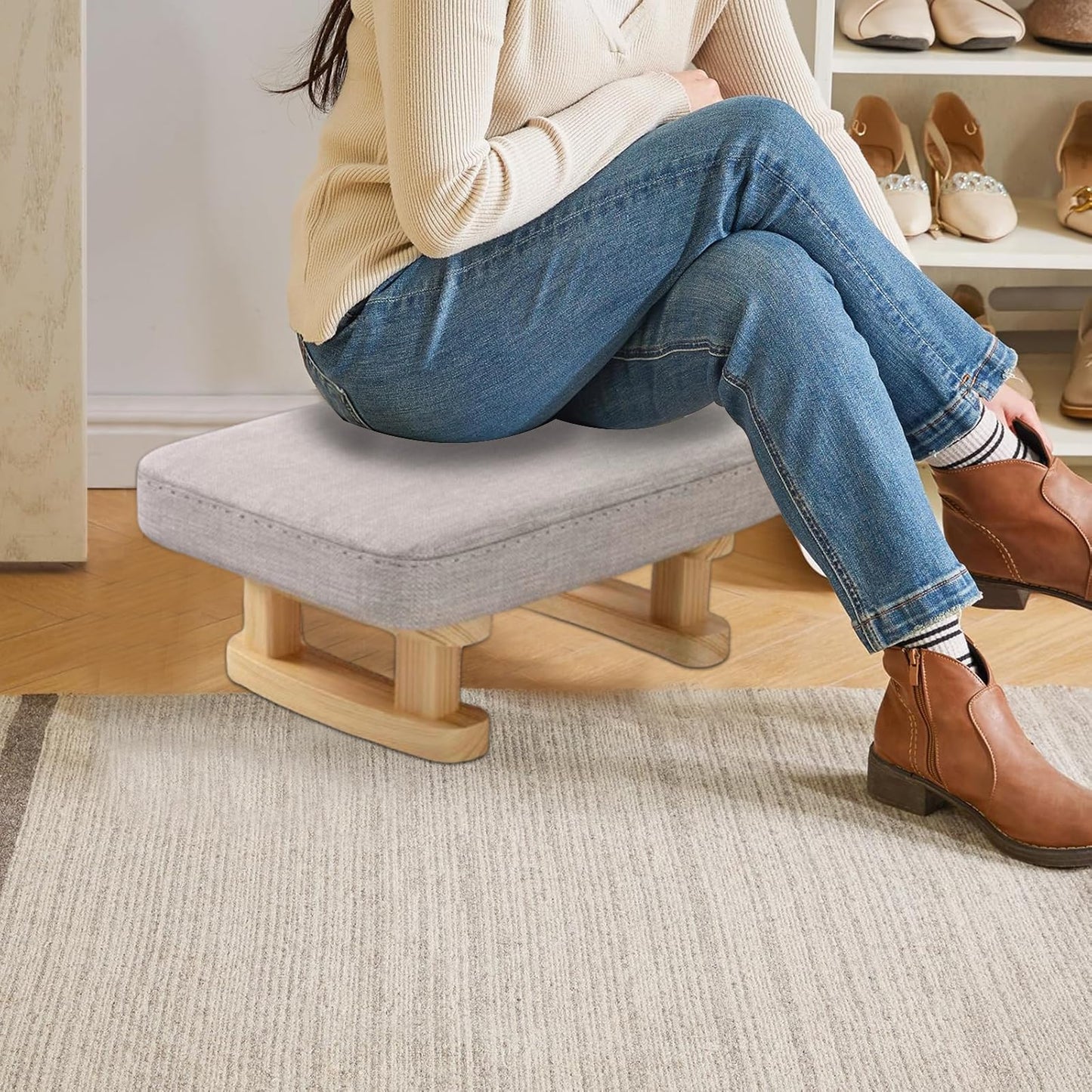 YHNDECO Foot Stool, Ottoman Footstool with Removable Cover, Linen Fabric Pouffe Footstool for Living Room,Entryway,Bedroom,Office (Shallow Gray)