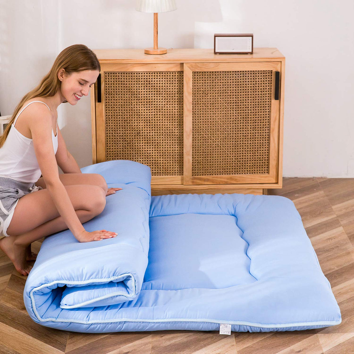 MAXYOYO Japanese Floor Futon Mattress, Thicken Tatami Sleeping Pad Foldable Roll Up Dormitory Mat Pad Floor Lounger Pillow Bed Dusty-Blue, Double
