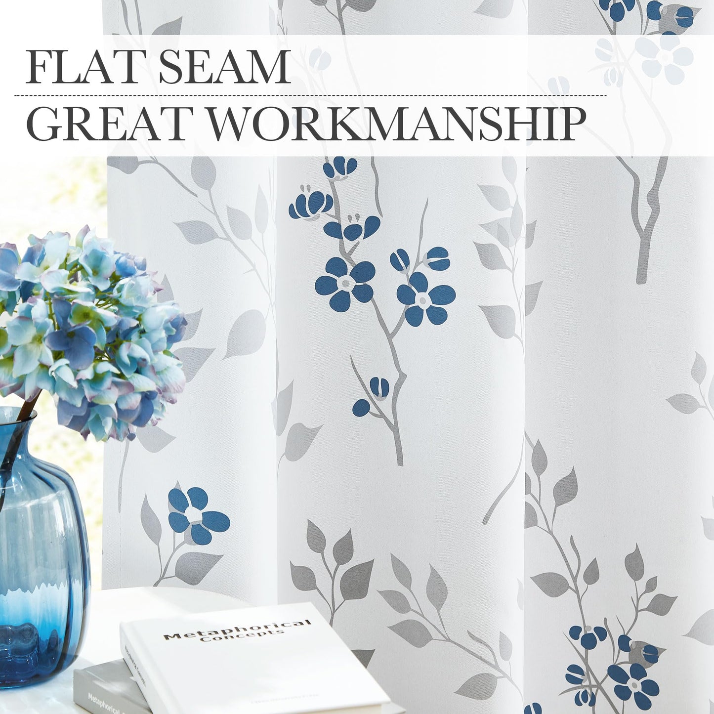 Beauoop Blue Grey Floral Blackout Curtains for Bedroom Living Room 54 Inch Drop Leaf Print Eyelet Curtain Botanical Thermal Insulated Noise Reducing