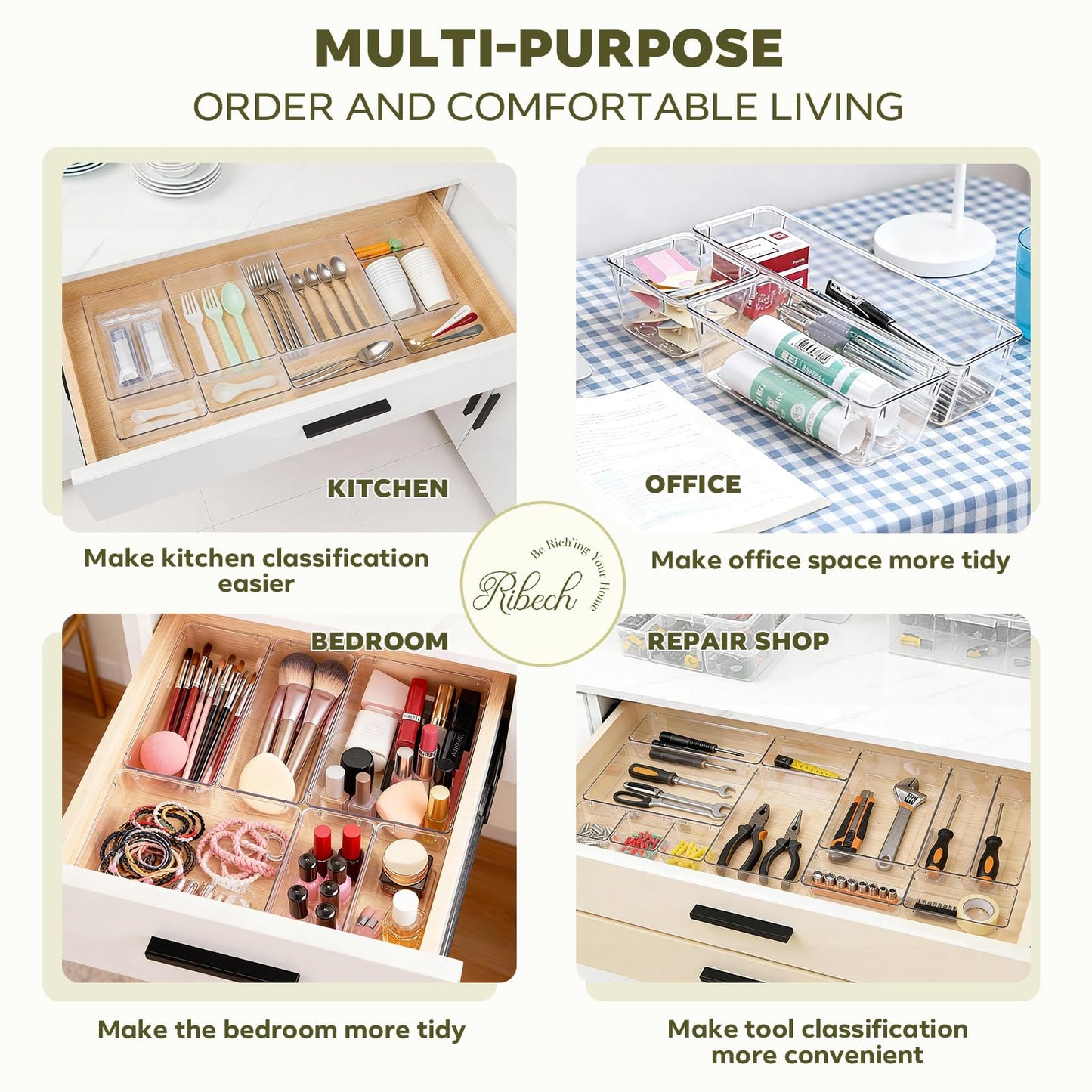 Ribech 12-Piece Drawer Organiser Set, 4 Sizes with 50 Non-Slip Dots, Stackable Storage Boxes for Makeup, Kitchen, Bathroom & Office, Crystal Clear