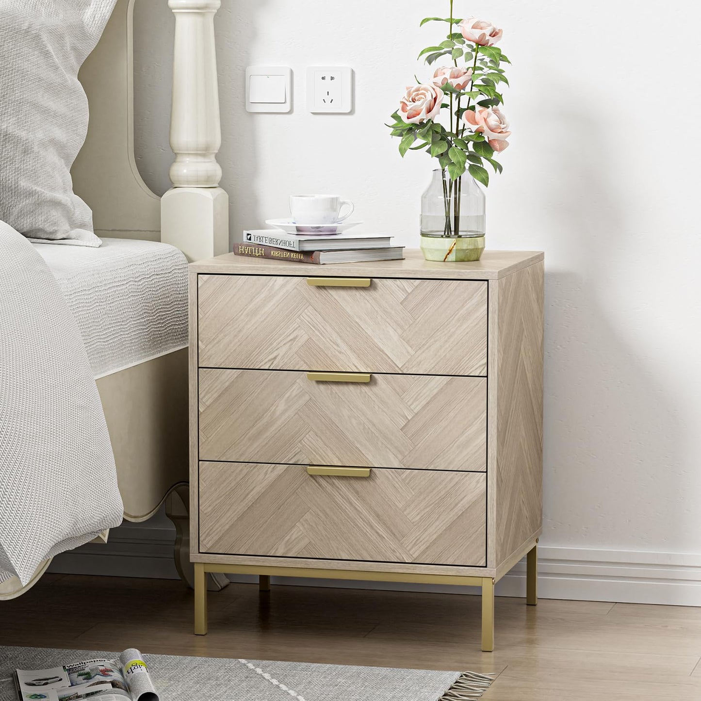 Yvsevnr Herringbone 3 Drawer Bedside Table, Wooden Cabinet with Metal Legs, Modern Storage Chest for Bedroom Living Room Office, Oak Finish