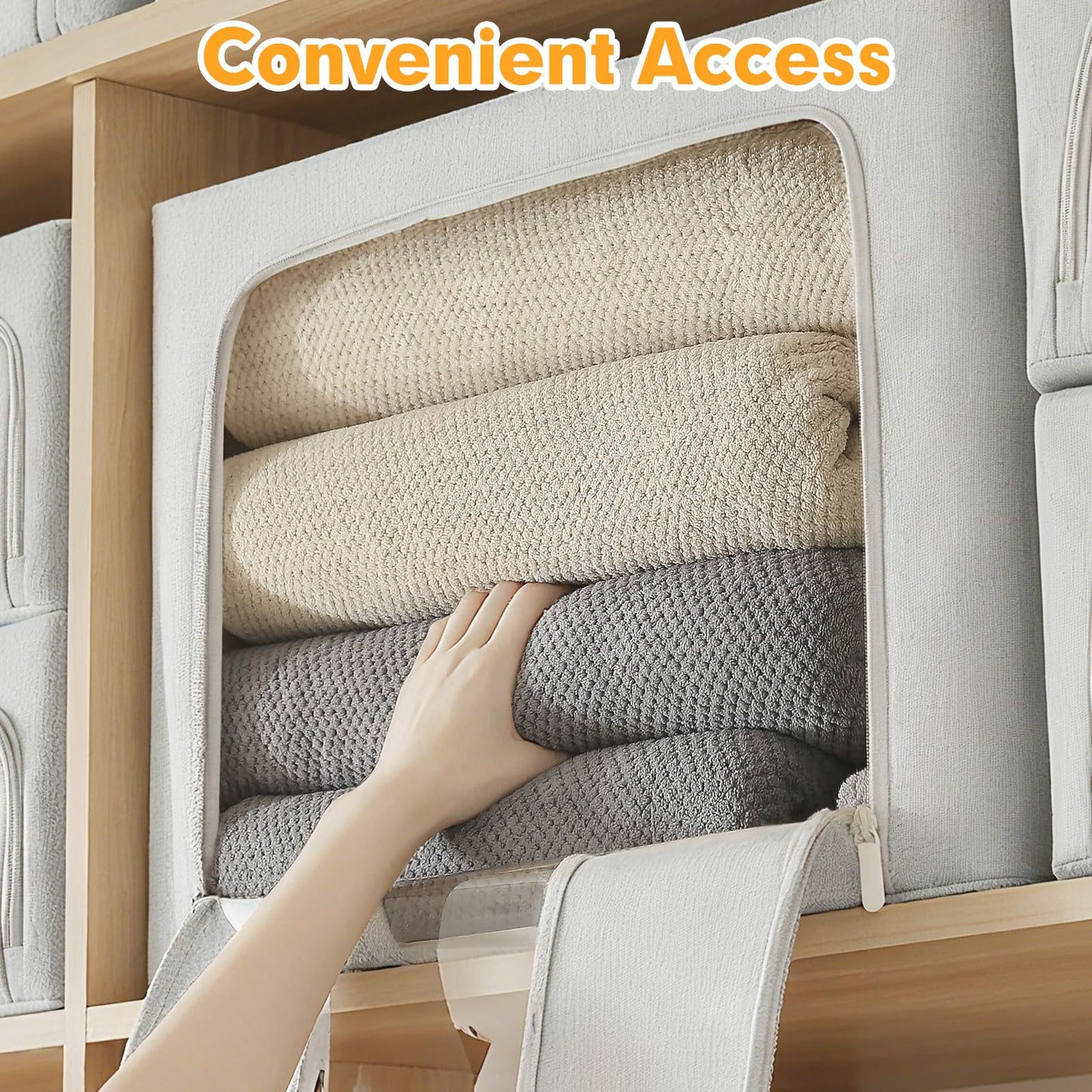 AIOR 3PCS 100L Clothes Storage Bags with Metal Frame, Foldable Fabric Storage Boxes with Clear Windows for Blankets Bedding Comforters