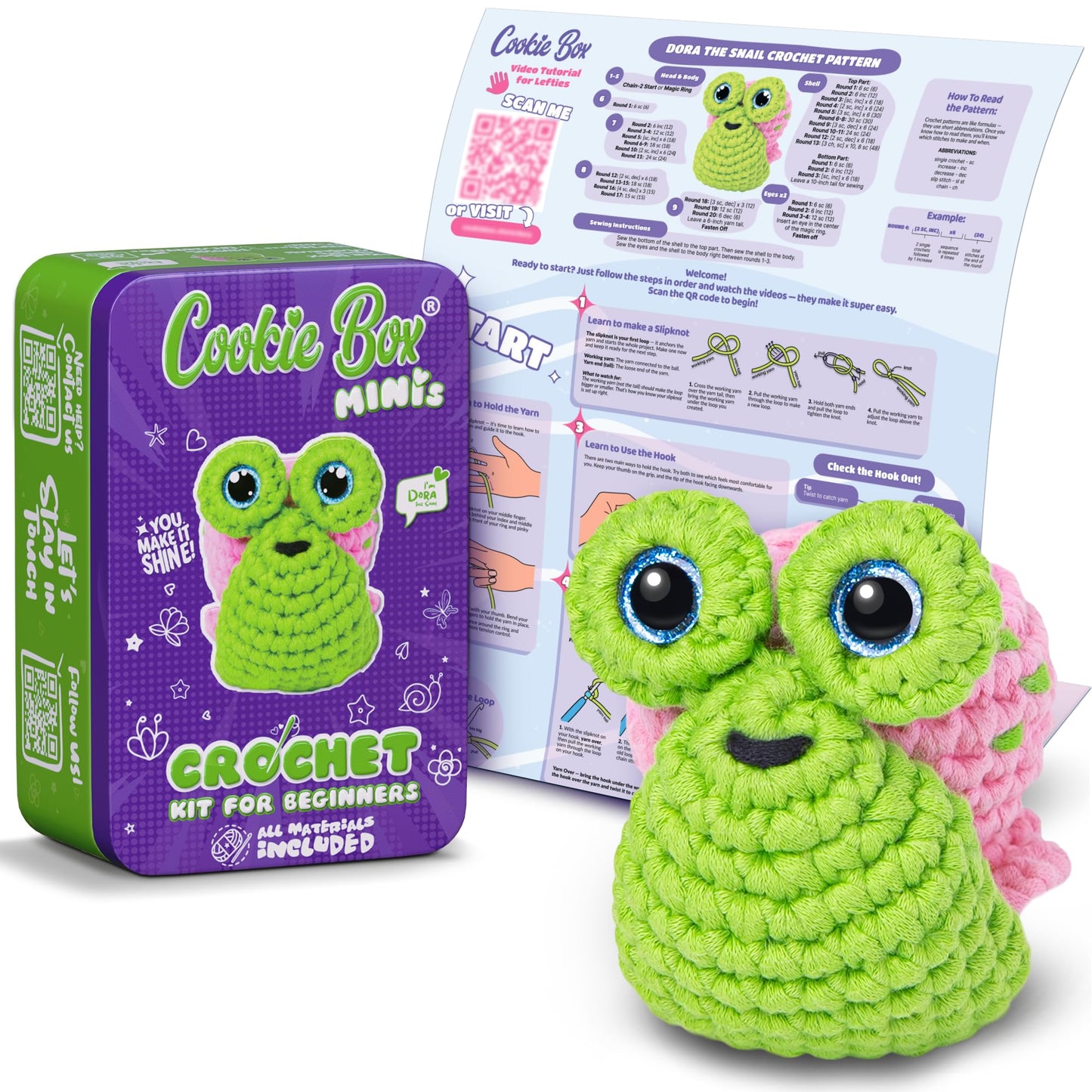 Cookie Box Crochet Kit for Beginners ? Gift Set to Make Snail Dora Amigurumi Plushie ? Easy DIY Crochet & Knitting Starter Kit with Printed