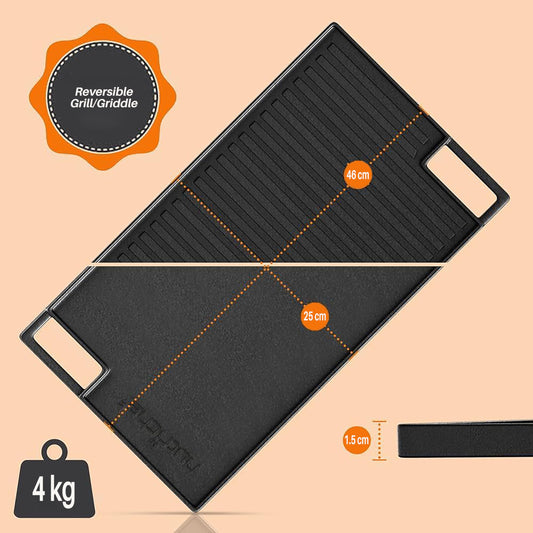 Nutrichef Reversible Cast Iron Grill Plate 45.7cm x 25.4cm, Flat & Ridged Griddle Pan for Hob, Oven & BBQ, Induction & Gas Safe, Stain-Resistant &
