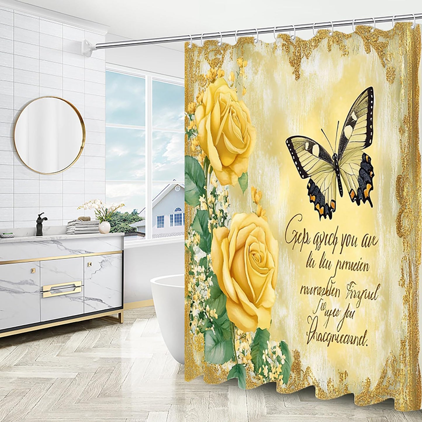 NEWSUYAA Flowers and Butterflies Shower Curtains with Rugs Bathroom Decorations Sets,4 Pcs Blue Floral Bathtub Curtain Elegant Bath Decor with Toilet