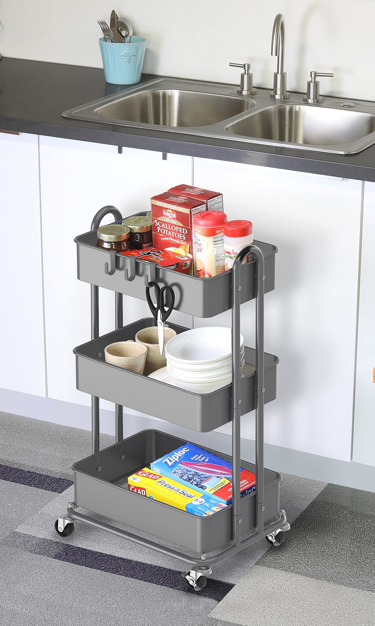 Simple Houseware Heavy Duty 3-Tier Metal Utility Rolling Cart, Silver