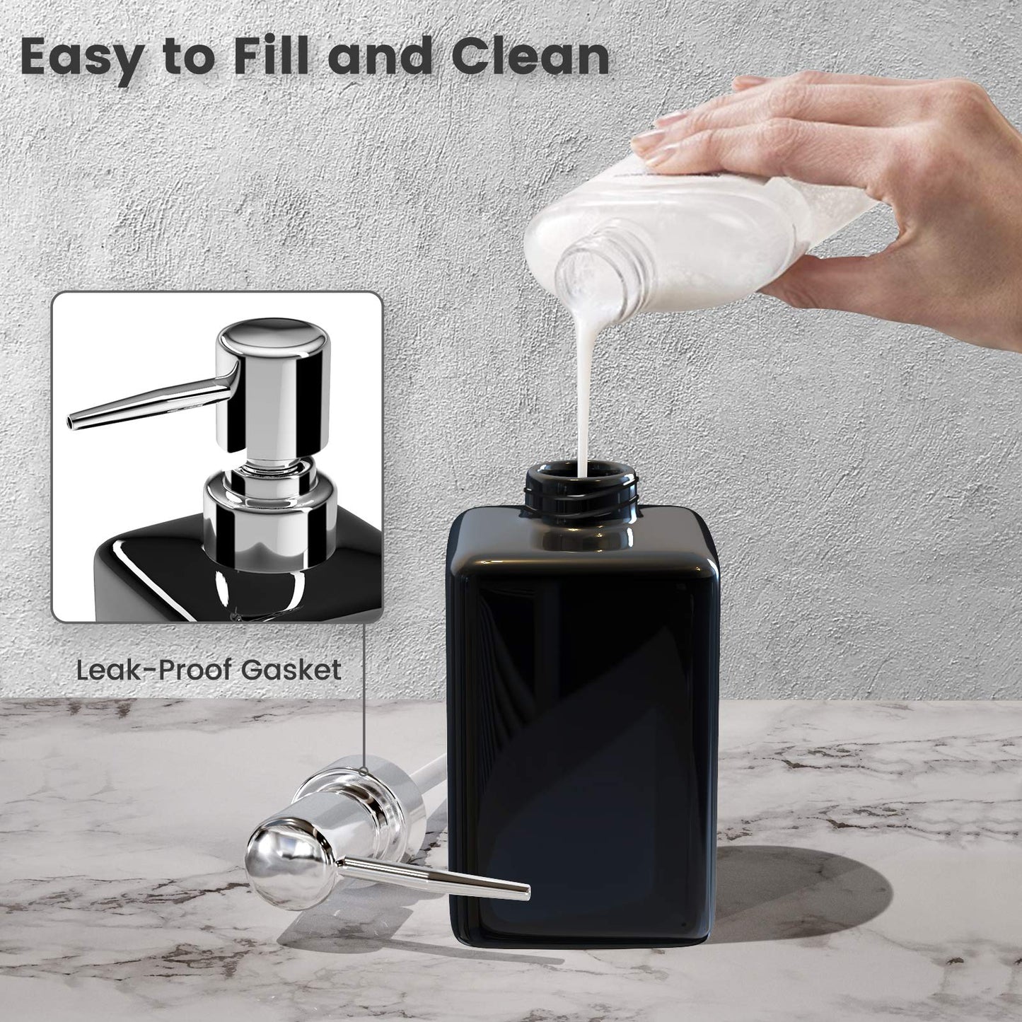 Ceramic Soap Dispenser - 320ml/11oz Square Design with Long Spout & Rustproof Pump, Refillable for Shampoo/Liquid Soap