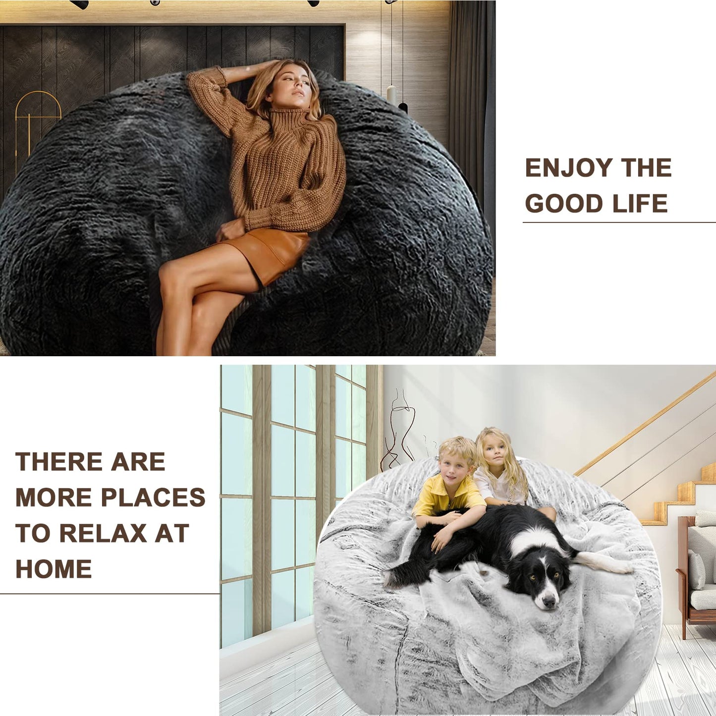 YudouTech Bean Bag Chair Cover Without Filler,Big Round Soft Fluffy PV Velvet Washable Bean Bag Lazy Sofa Bed Cover for Adults,Living Room Bedroom