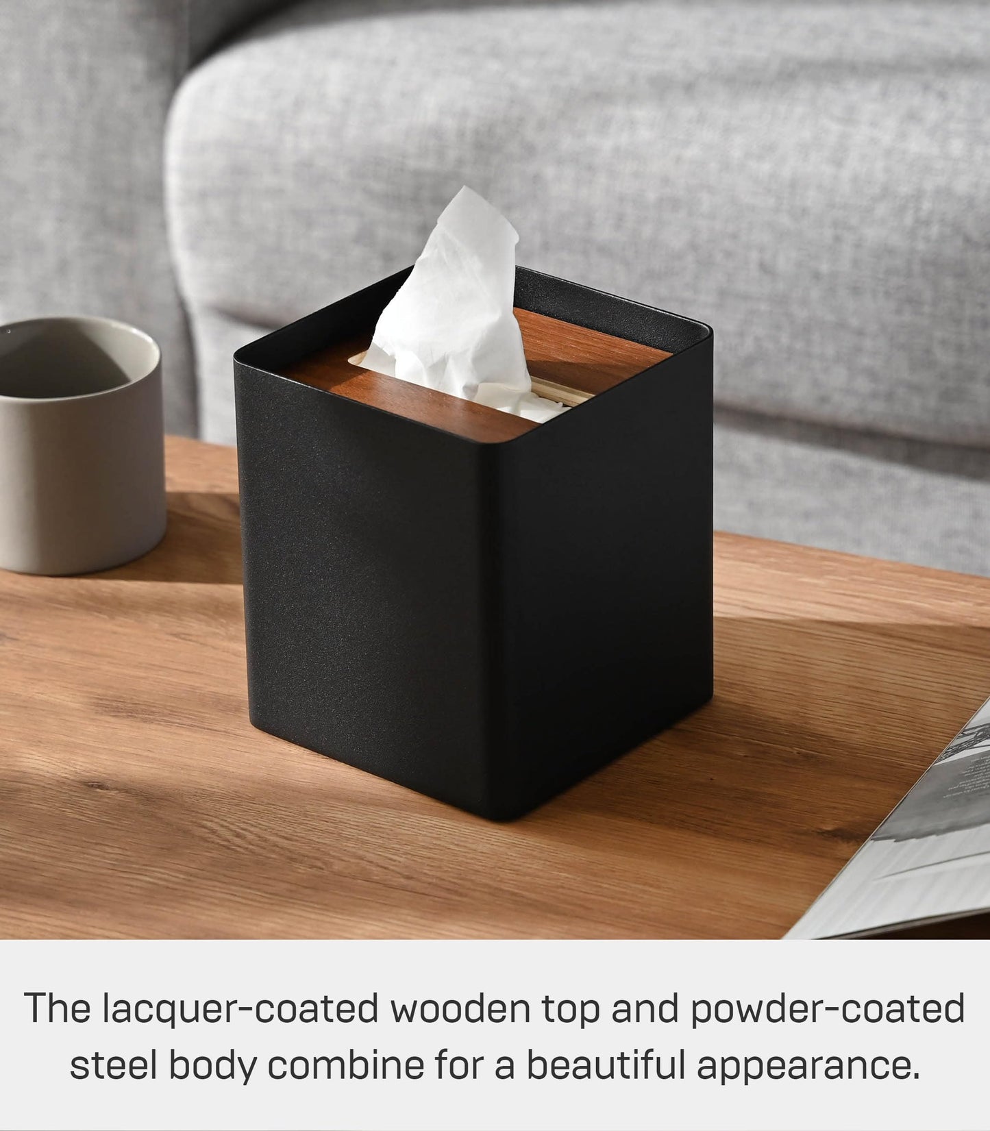 Yamazaki Home Rin Reusable Tissue Box Cover Metal Holder Container Case with Natural Wooden Lid - Steel