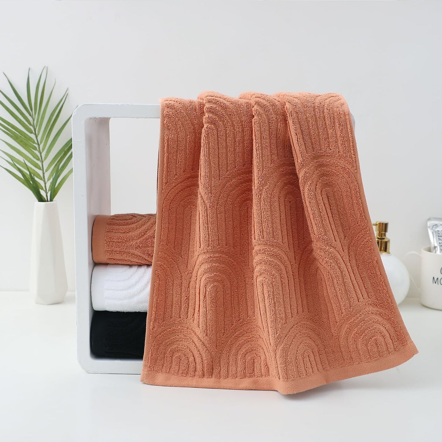Pidada Hand Towels Set of 4 Striped Pattern 100% Cotton Absorbent Soft Decorative Towel for Bathroom (Burnt Orange)
