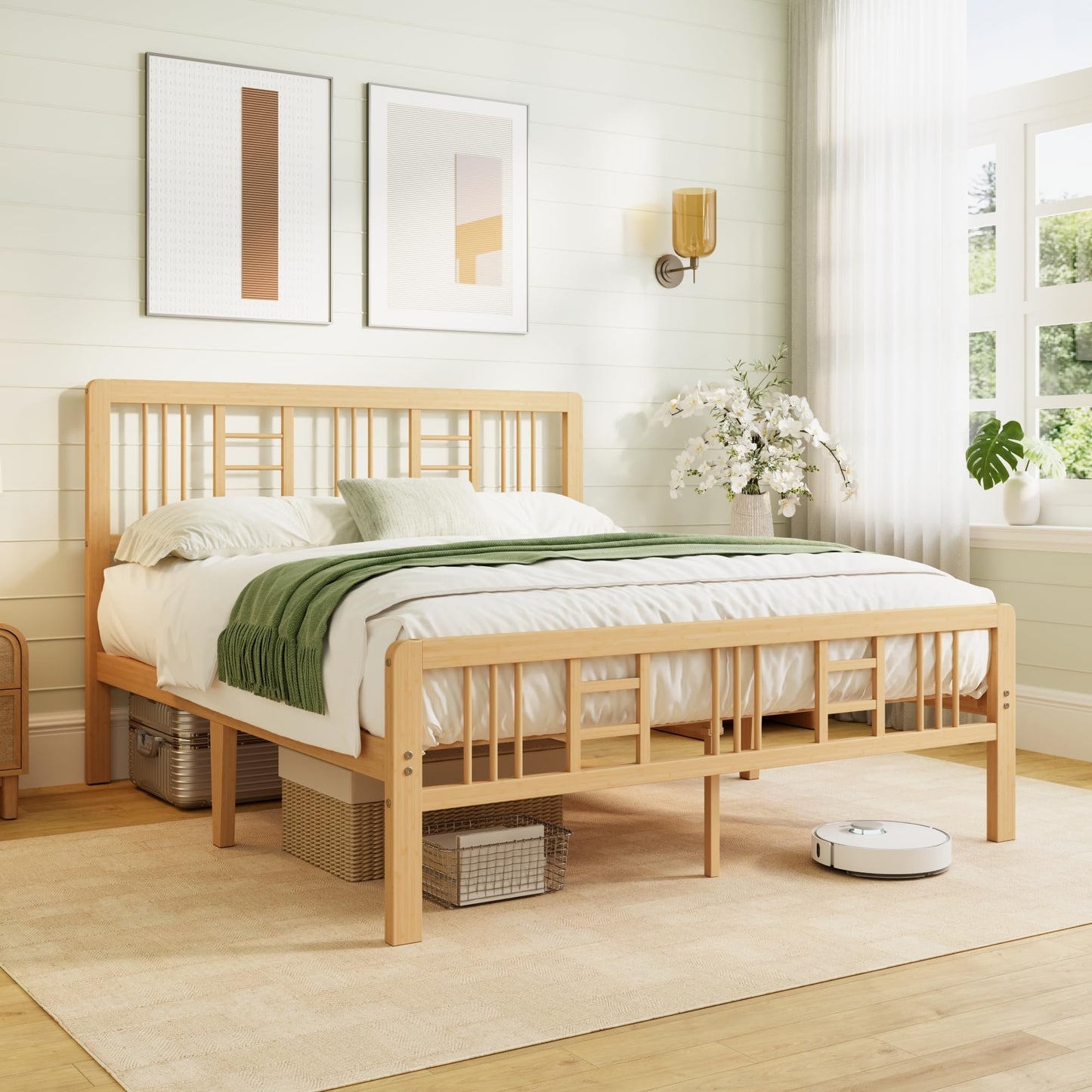 Hunlostten Wooden Bed Frame Double with Headboard - Bamboo Wood Bed Frames with Metal Slats Support and Underbed Storage, Easy to Install, Noise Free