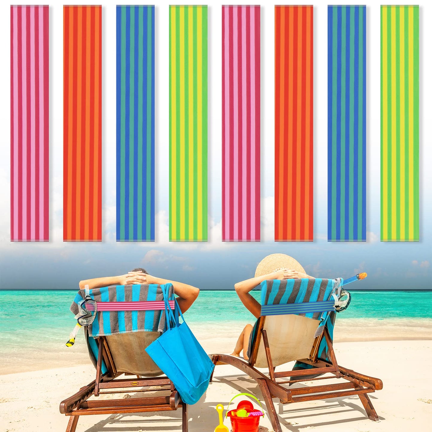 8 Pack Elastic Windproof Towel Clips for Chairs - Towel Strap Holder, Pool, Lounge & Cruise Accessories for Summer (Stripe Style, 11.81 x 1.97 Inch)
