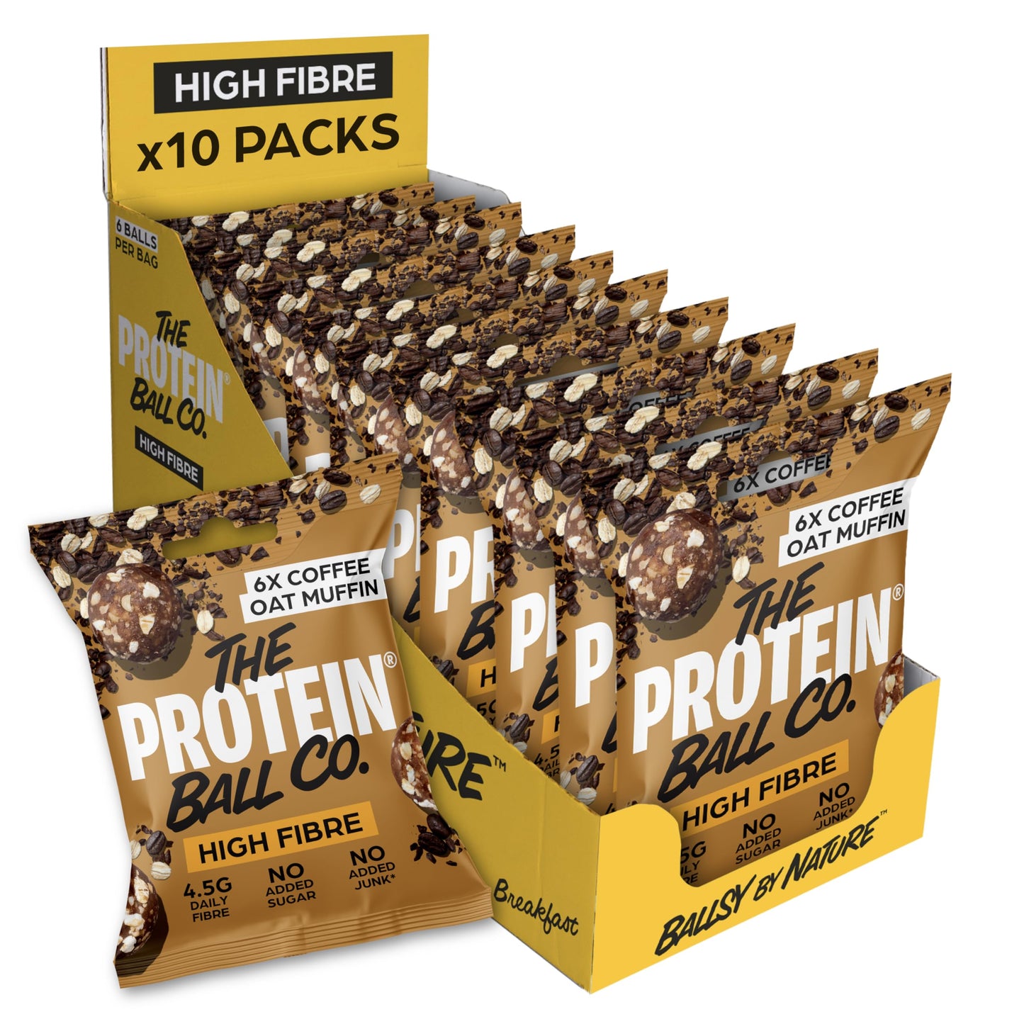 The Protein Ball Co Coffee Oat Muffin Protein Balls - High Fibre Snacks - Gluten-Free, No Added Sugar - Healthy Energy Balls, Box of 10 Bags