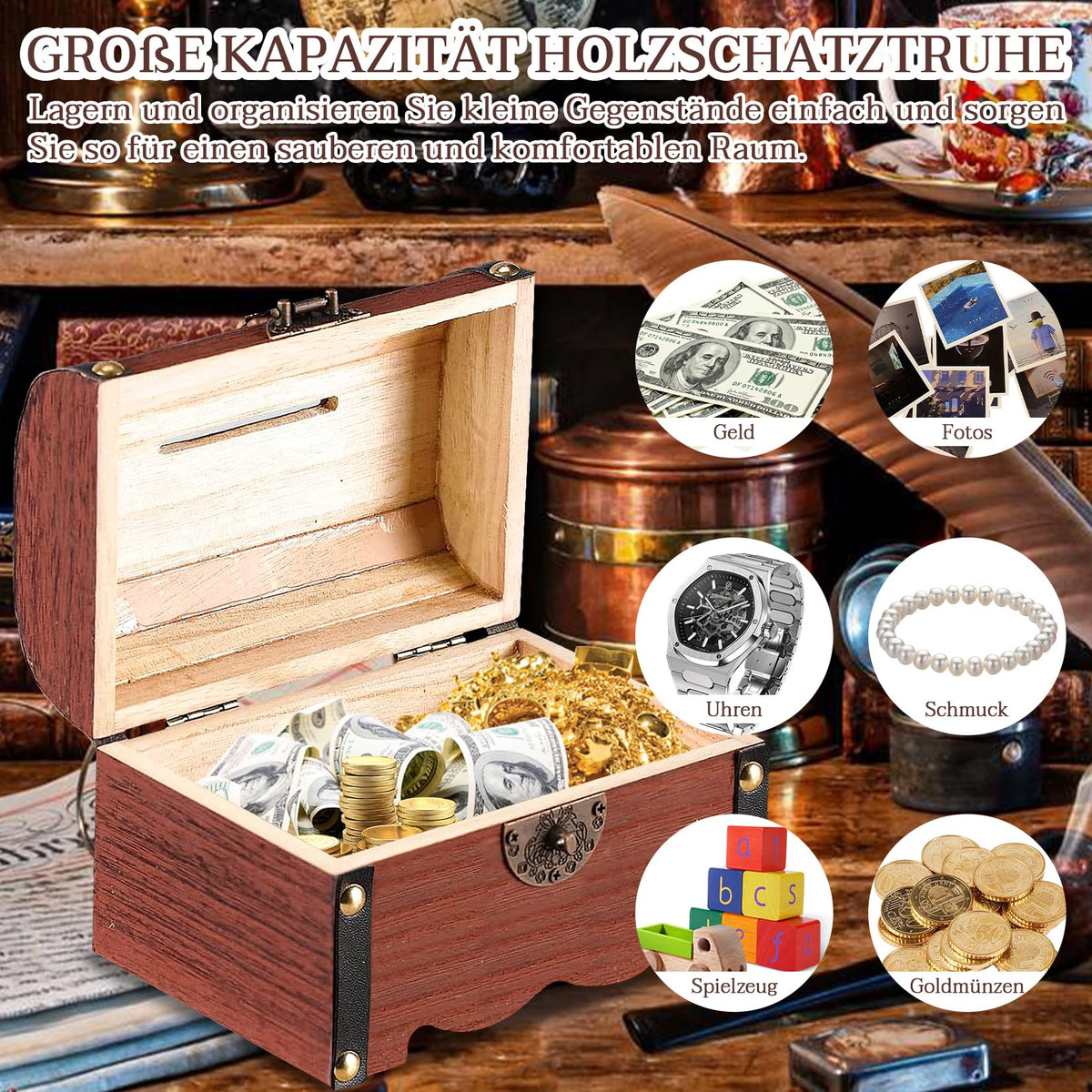 Forbabe Treasure Chest Wooden Brown Small Money Box with Lock 14.5 x 10.5 x 10.3 cm