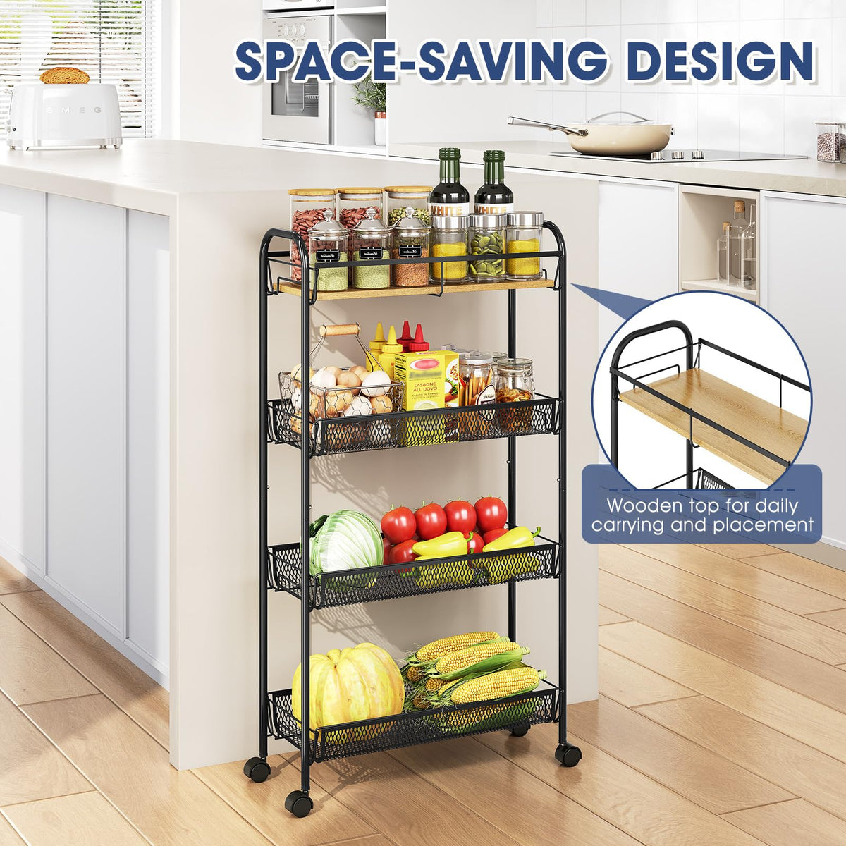 KINGRACK 4-Tier Slim Rolling Cart, Metal Utility Cart, Slide Out Storage Cart with Wooden Tabletop and Mesh Baskets for Narrow Space on Kitchen