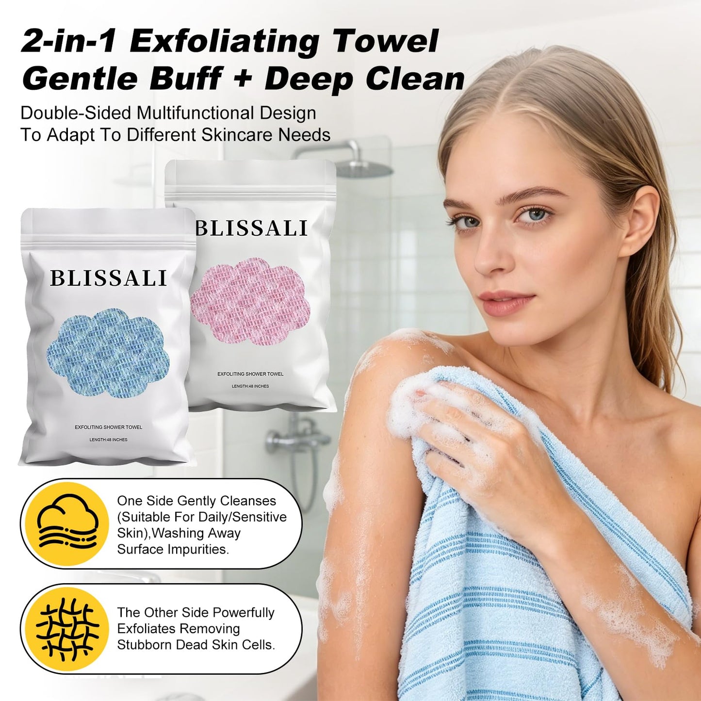 Awinclo 2Pcs Exfoliating Towel, 47" Premium Scrub Wash Cloth for Body Face, 2-in-1 Long Exfoliating Washcloth for Men Women,Exfoliating Body Scrubber