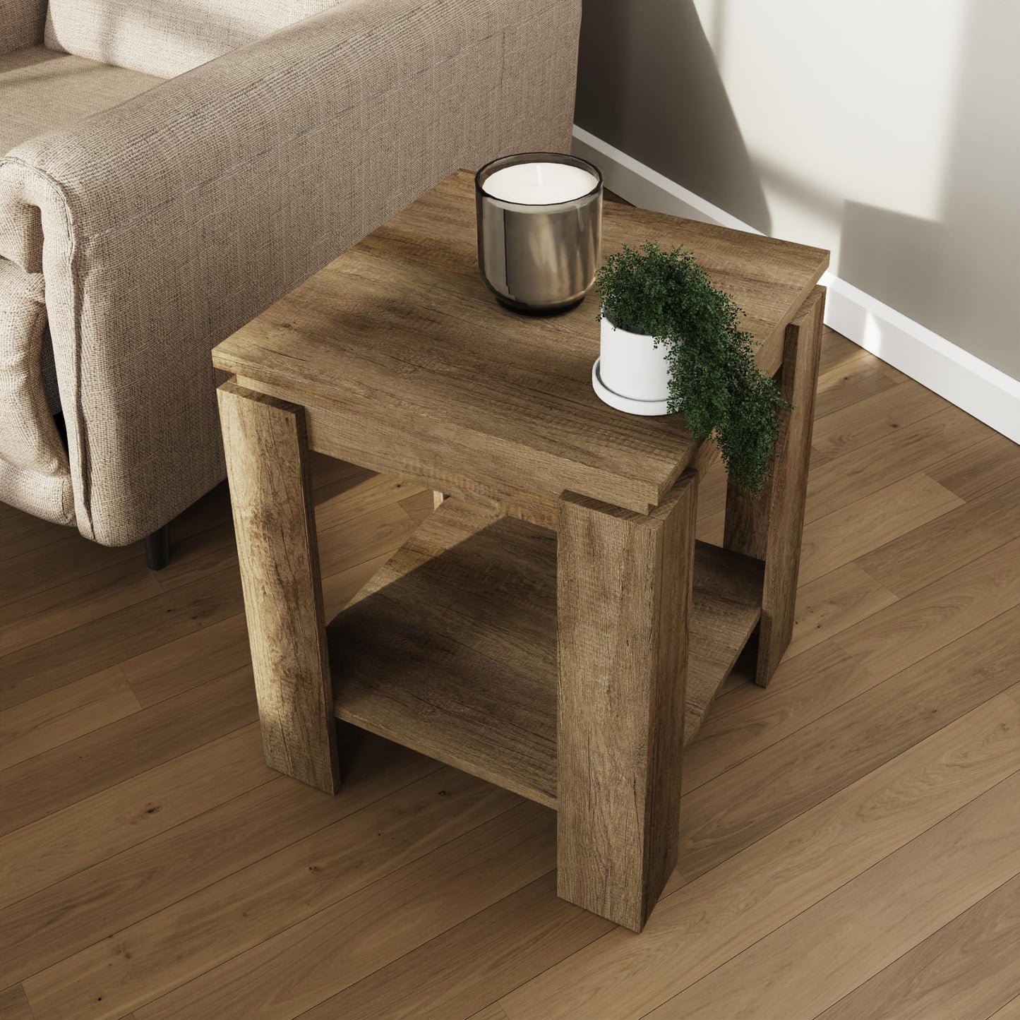 GFW Canyon Oak Lamp Table, Oak Effect Side Table with Storage Shelf, Rustic Living Room End Table with 3D Wood Finish