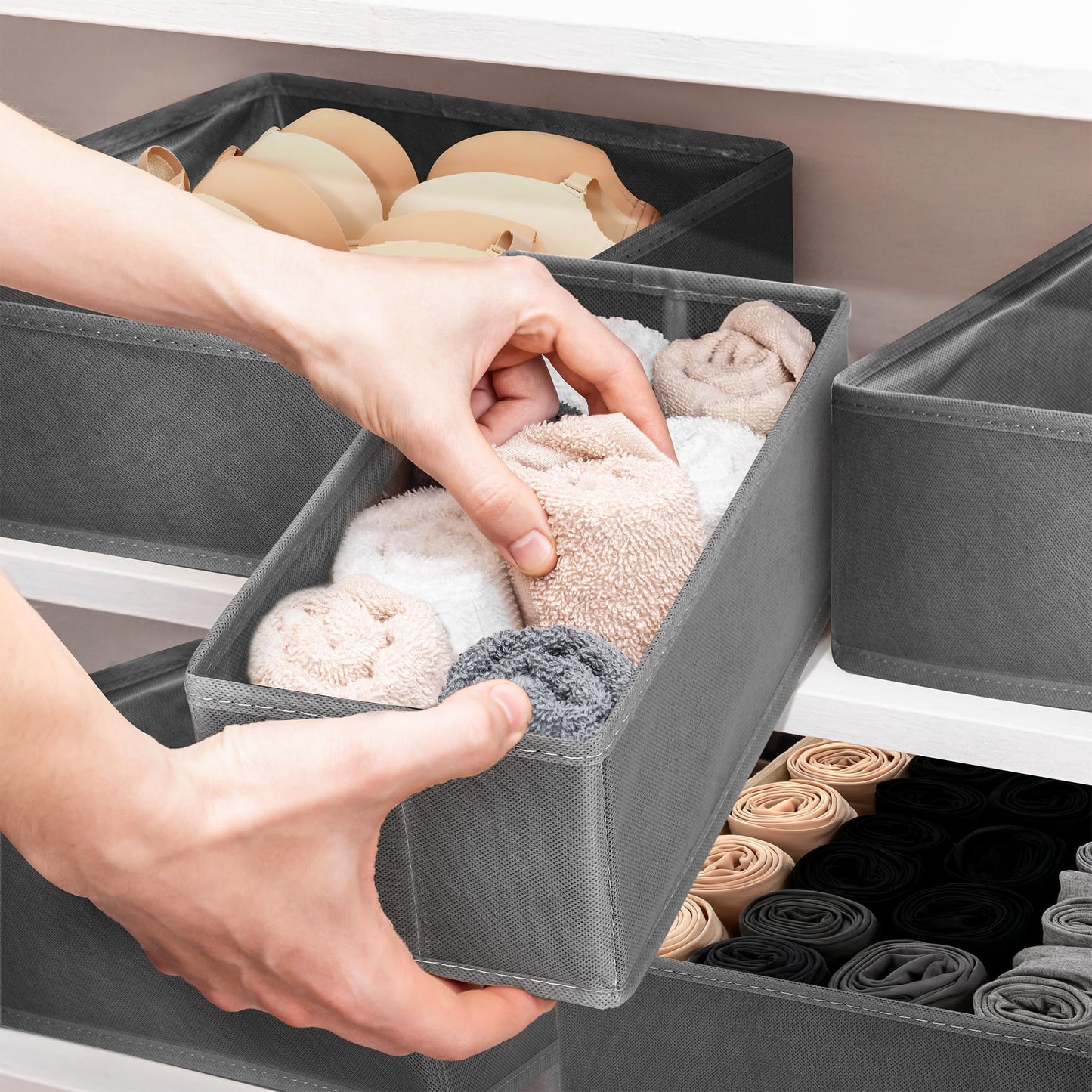 Vivantia 12 Pack Fabric Drawer Organisers for Clothes 3 Sizes Foldable Wardrobe Storage Organiser Bins Underwear Drawer Dividers Clothes Storage