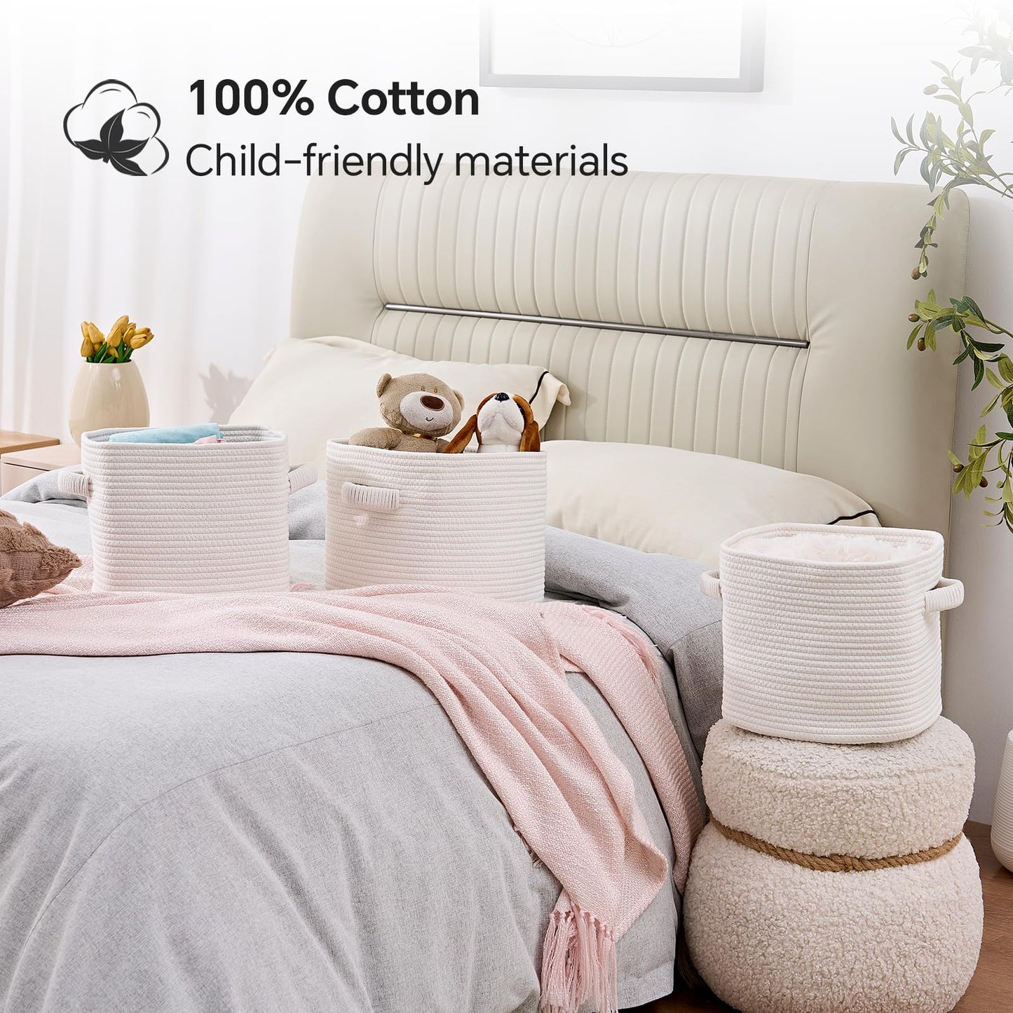 Mangata Set of 3 White Cotton Rope Cube Storage Baskets with Handles, 25x25x22cm, Woven Organisers for Shelves, Bathroom, Bedroom