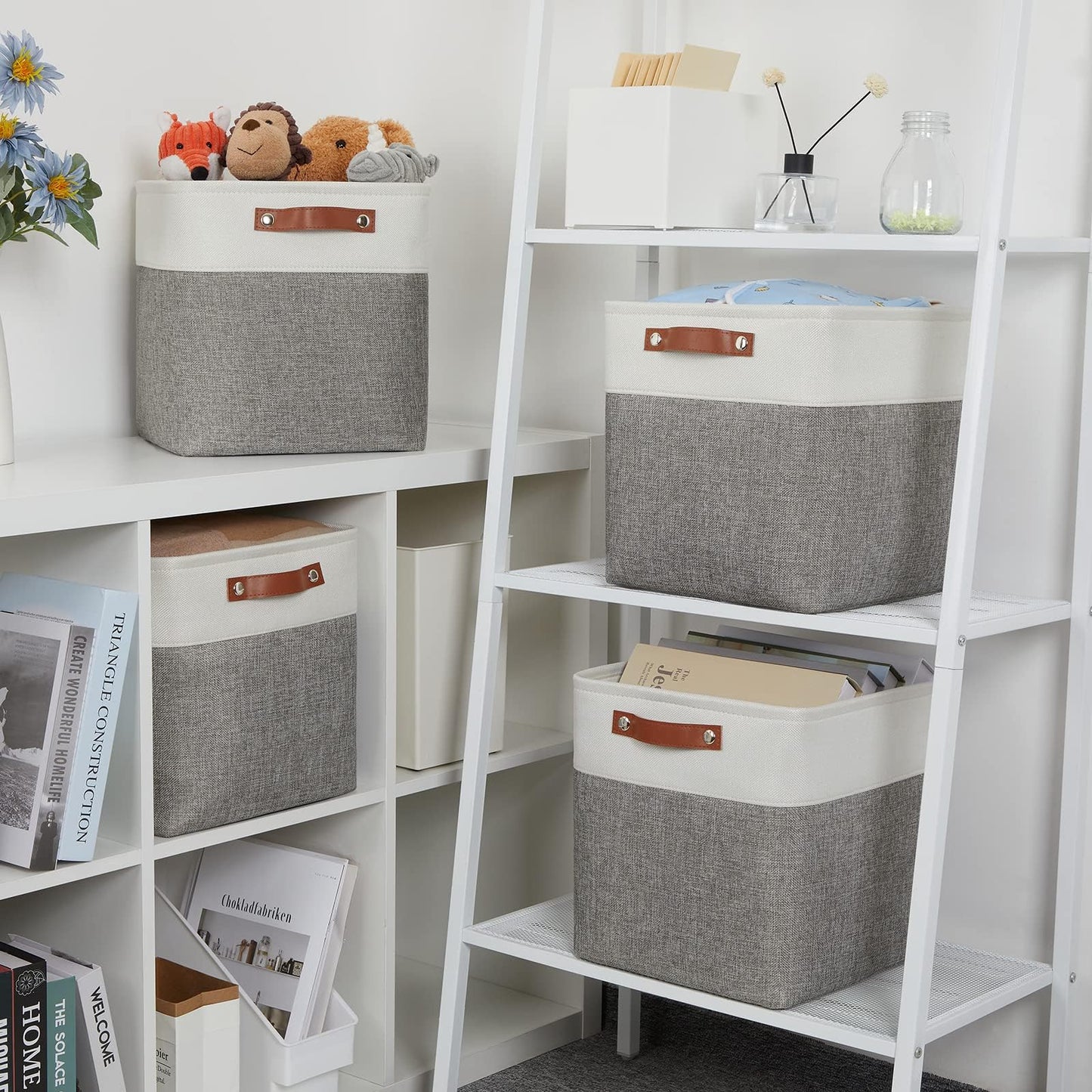 VIIHTYISA Fabric Storage Box, 4-Piece Set 25x25x25cm Cube Storage Boxes with Faux Leather Handle for Cube Shelves, Closet, Wardrobes | Grey & White