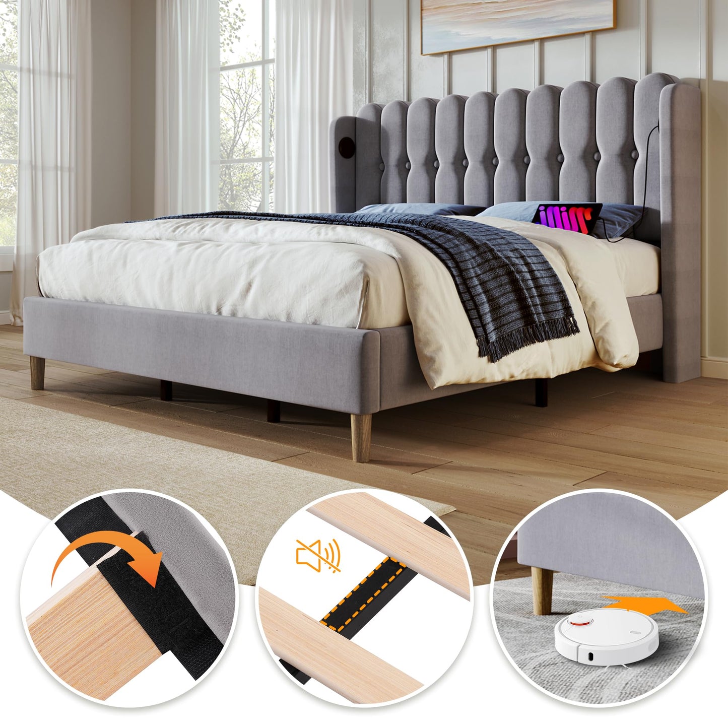 BTM Upholstered Double Bed with USB and Type-C Charging, 4ft6-135x190cm Double Bed Frame with Wooden Slatted Frame for Teenagers and Adults
