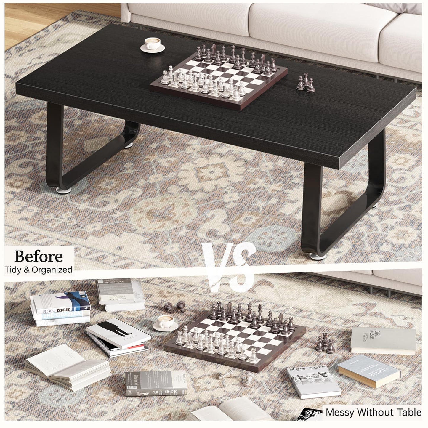HSH Black Oak Coffee Table, 60D×120W×46.5H cm, Rustic Industrial Wooden Coffee Table for Living Room Bedroom Office