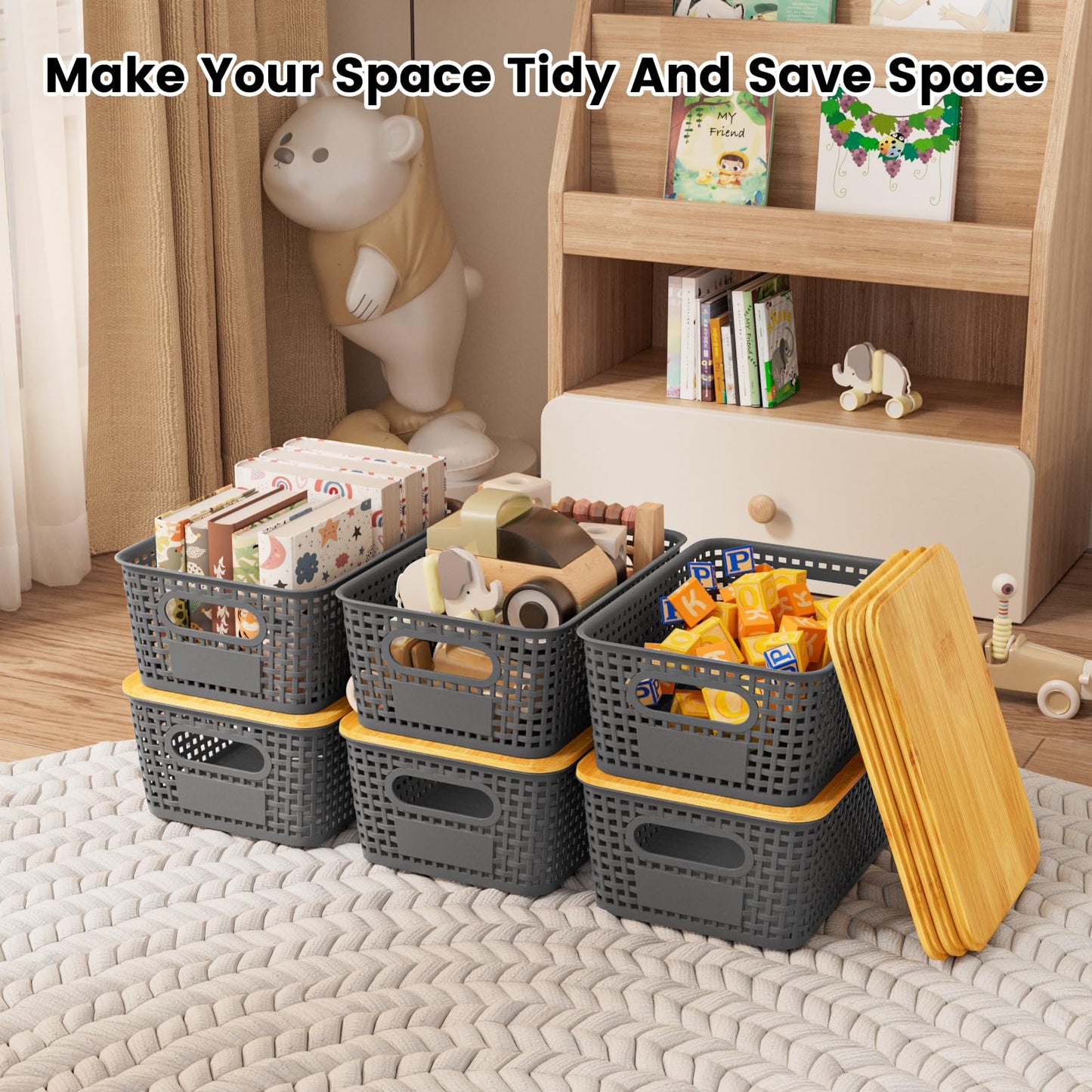 Shrivee Set of 3 Storage Boxes with Bamboo Lid, 5 L Storage Basket, Plastic Basket Storage, Kitchen Storage Boxes for Shelves, Cupboards