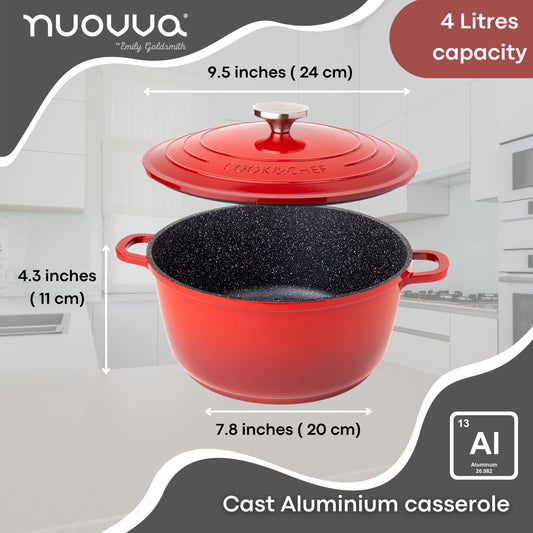 Non-Stick Aluminium Pot with Lid Sturdy Deep Dutch Oven Casserole Pot with Ergonomic Handles 4L, 24cm, Red Oven Safe Cooking Pot by Nuovva
