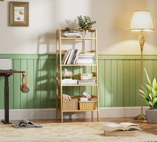 HITNET Bamboo Ladder Shelf, 4-Tier Bookshelf, Freestanding Open Bookcase Bathroom Storage Rack Organizer, Small Flower Plant Stand, Natural