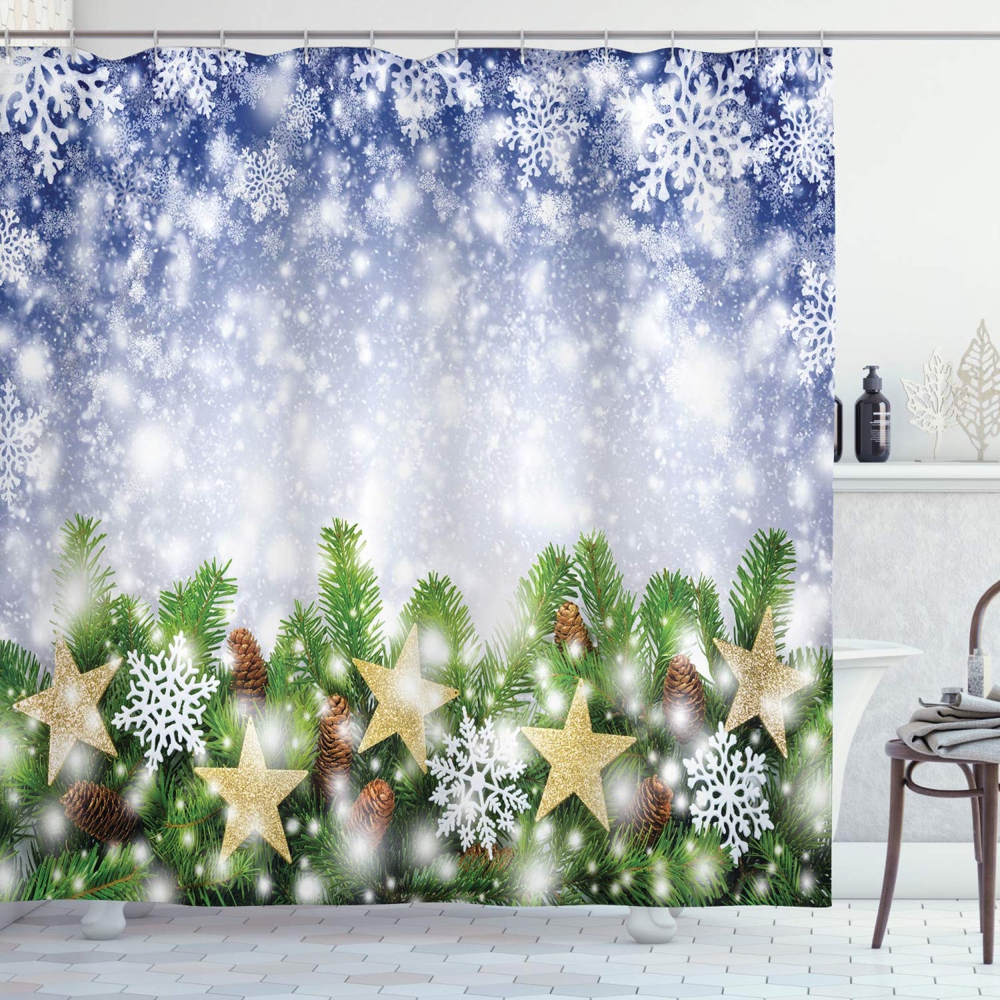 ABAKUHAUS Christmas Shower Curtain, Snow Time with Falling Flakes and Bokeh Backdrop Fir Twigs with Cones and Stars, Cloth Fabric Bathroom Decor Set