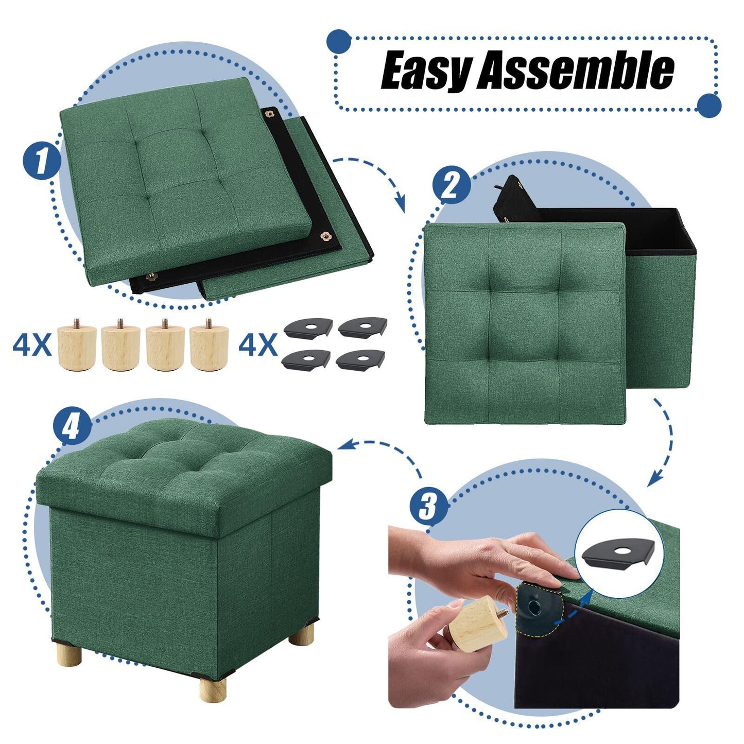 BRIAN & DANY Folding Storage Ottoman with Wood Legs, Linen Foot Stool, Storage Chest with Highly Elastic Sponge Filling, Dark Green, 38 x 38 x 38 cm