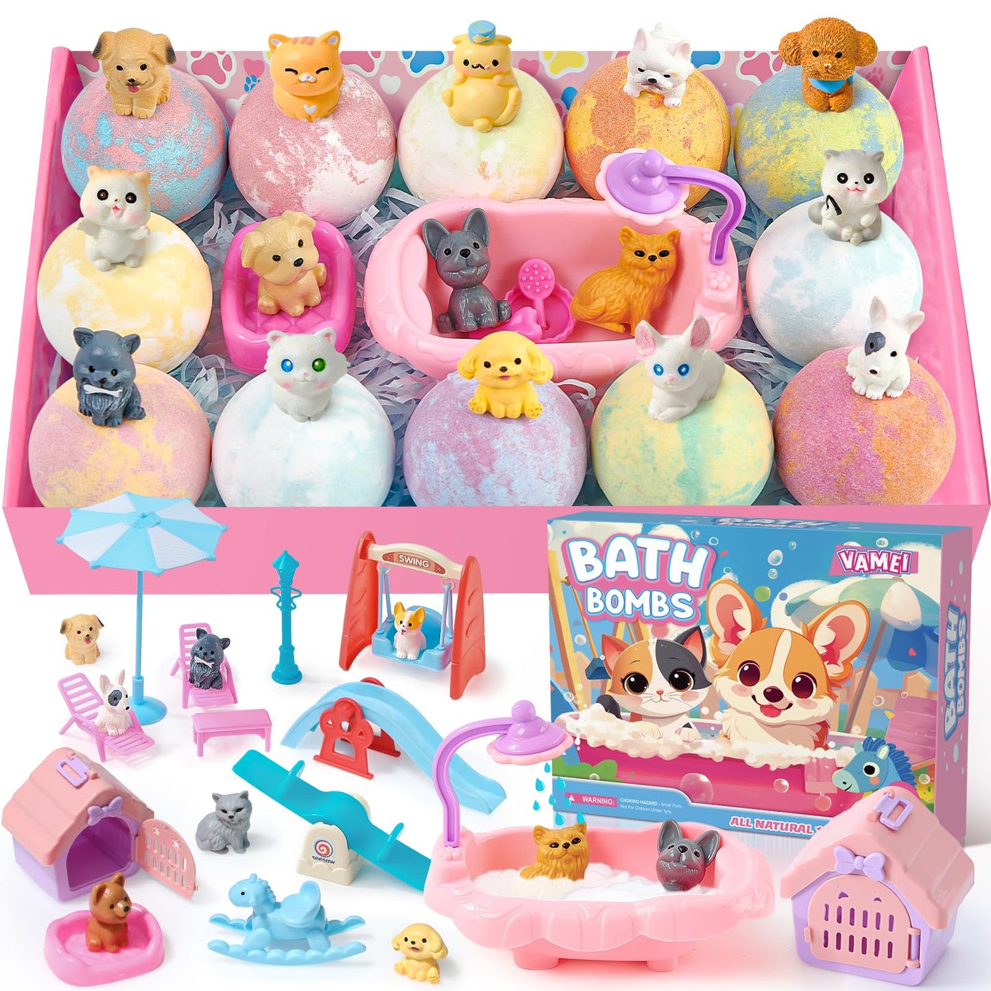 vamei Bath Bombs for Kids 12pcs Gift Set Bath Bombs with Toys Inside Dogs Cats Pet Animal Toys Pretend Play Kids Water Shower Toys Toddler Bath Toys